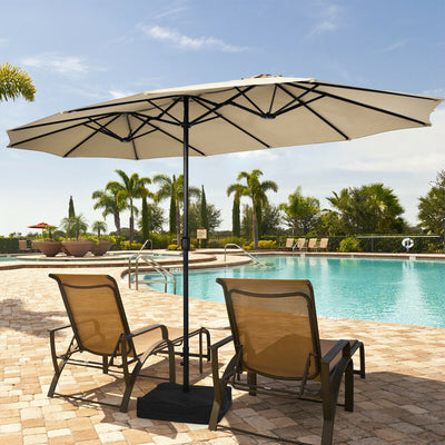15 Feet Double-Sided Twin Patio Umbrella with Crank and Base Coffee in Outdoor Market-Beige 