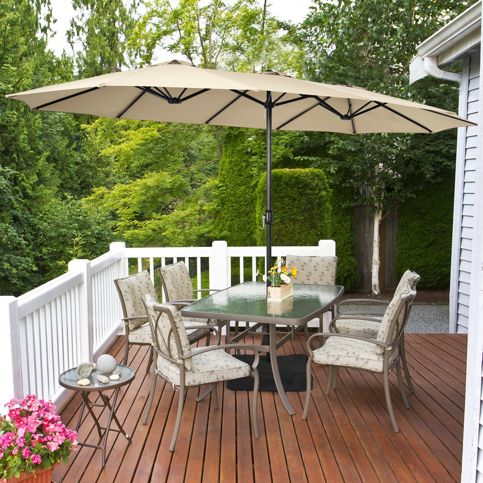 15 Feet Double-Sided Twin Patio Umbrella with Crank and Base Coffee in Outdoor Market-Beige