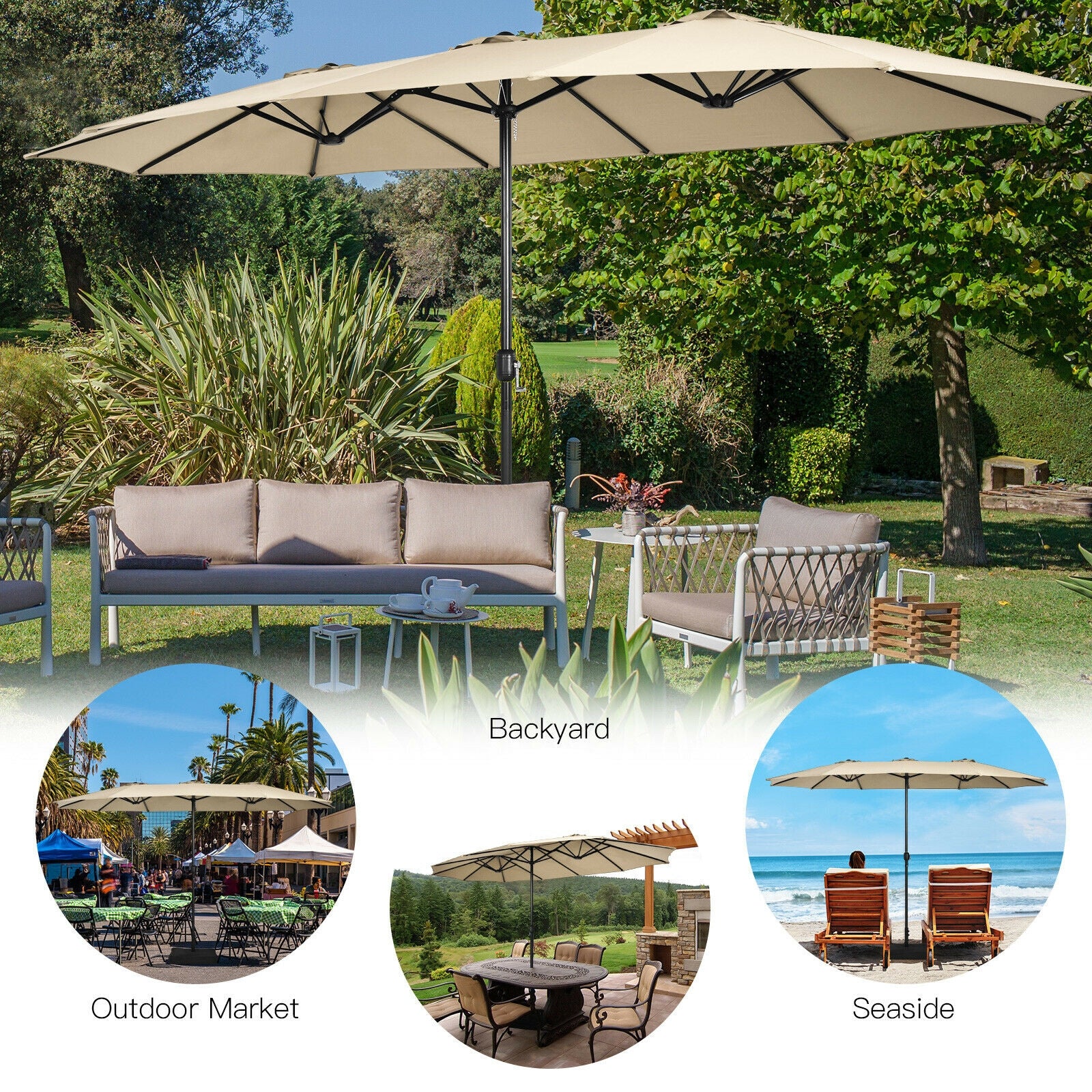 15 Feet Double-Sided Twin Patio Umbrella with Crank and Base Coffee in Outdoor Market-Beige