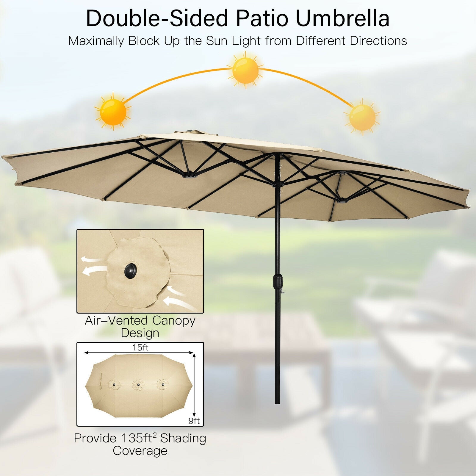 15 Feet Double-Sided Twin Patio Umbrella with Crank and Base Coffee in Outdoor Market-Beige