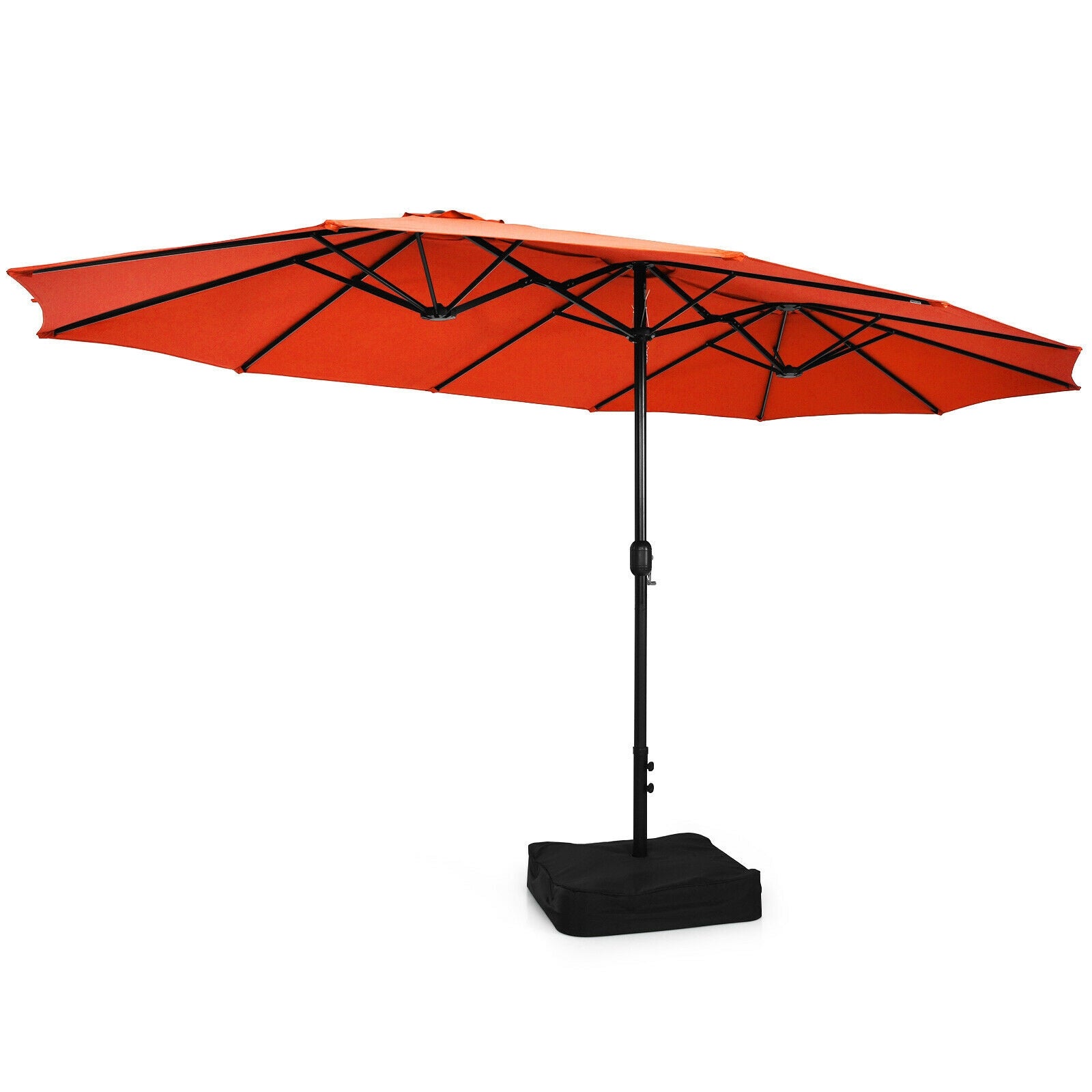 15 Feet Double-Sided Twin Patio Umbrella with Crank and Base Coffee in Outdoor Market-Orange 