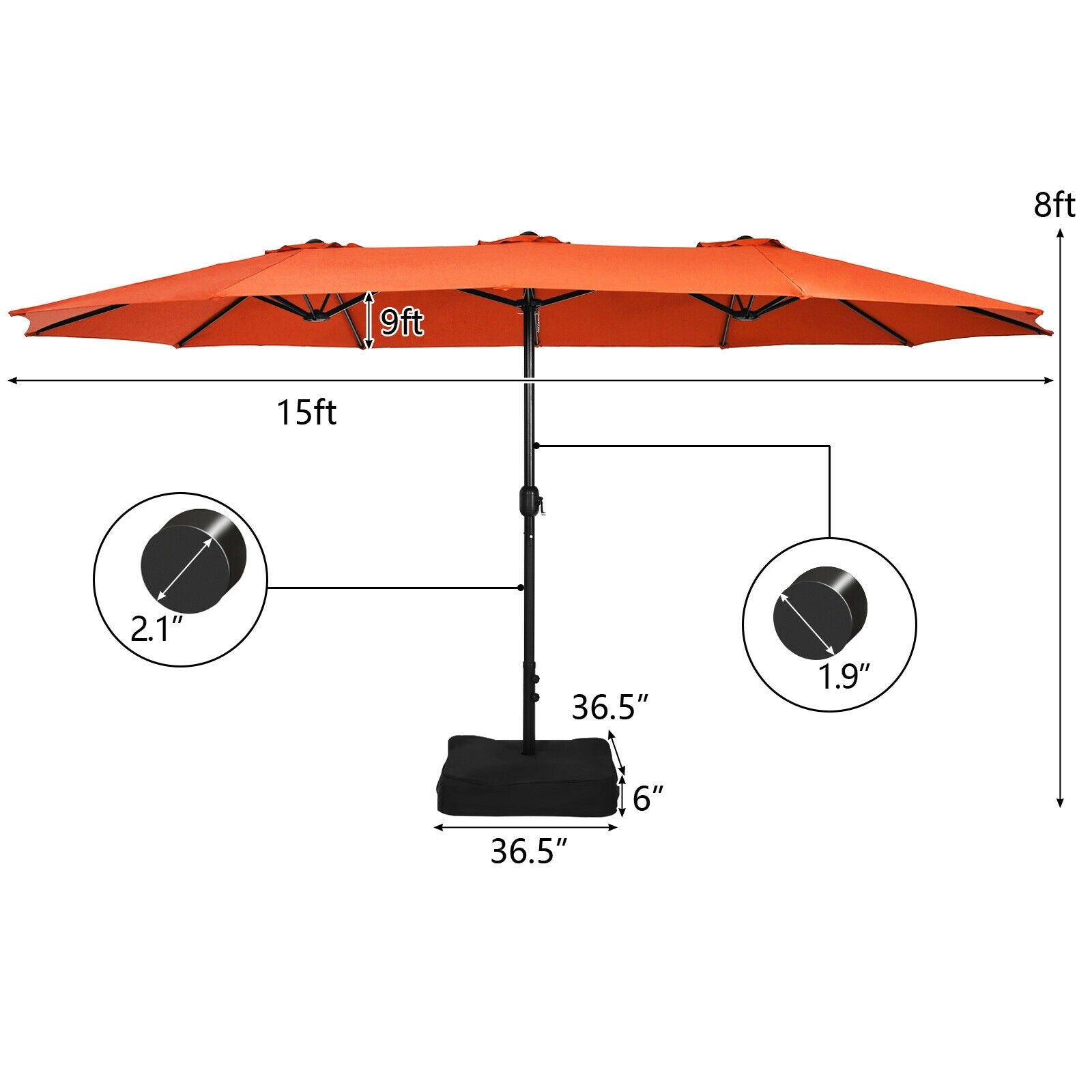 15 Feet Double-Sided Twin Patio Umbrella with Crank and Base Coffee in Outdoor Market-Orange 