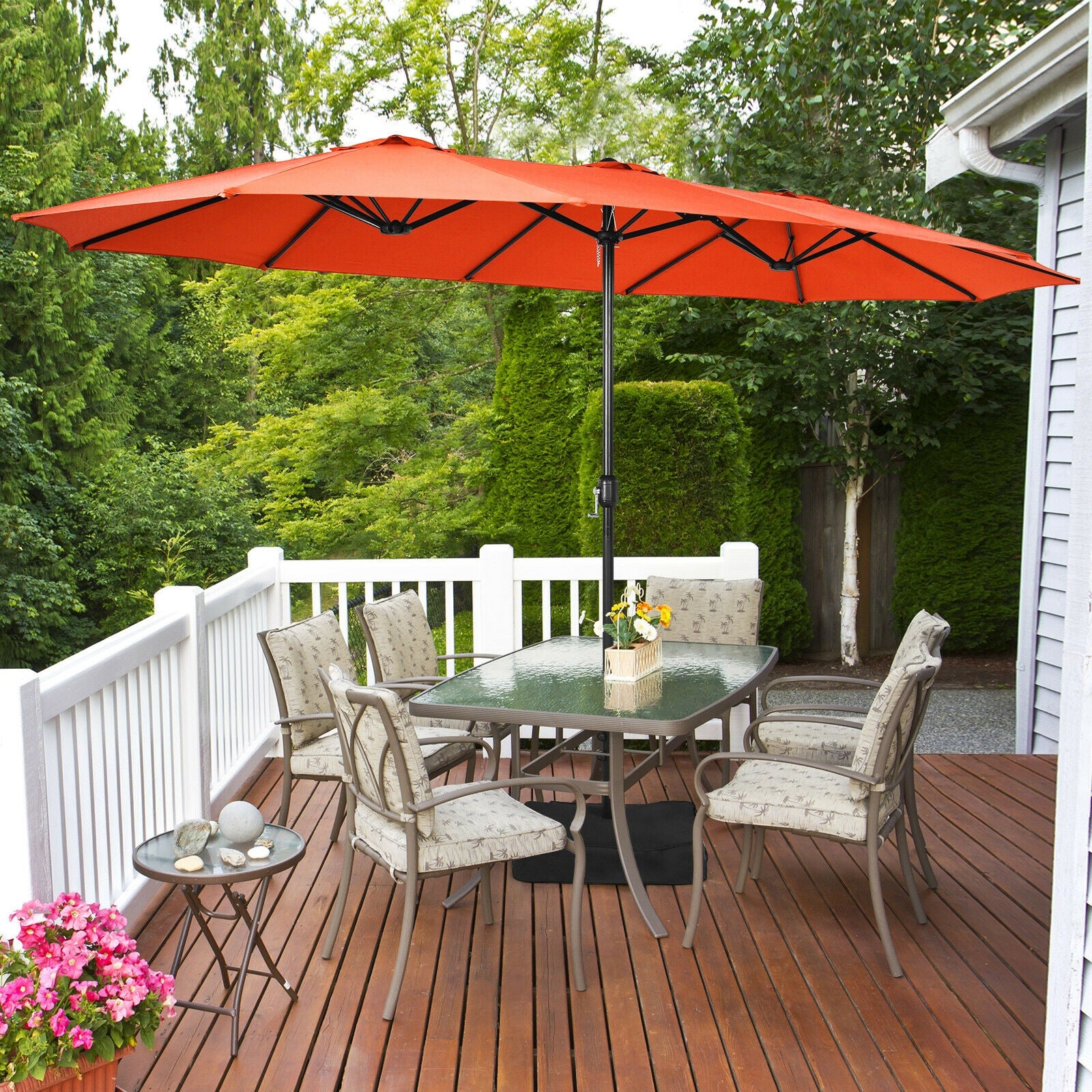 15 Feet Double-Sided Twin Patio Umbrella with Crank and Base Coffee in Outdoor Market-Orange