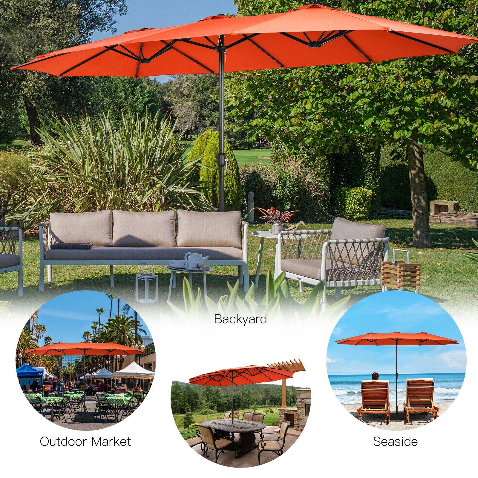 15 Feet Double-Sided Twin Patio Umbrella with Crank and Base Coffee in Outdoor Market-Orange 