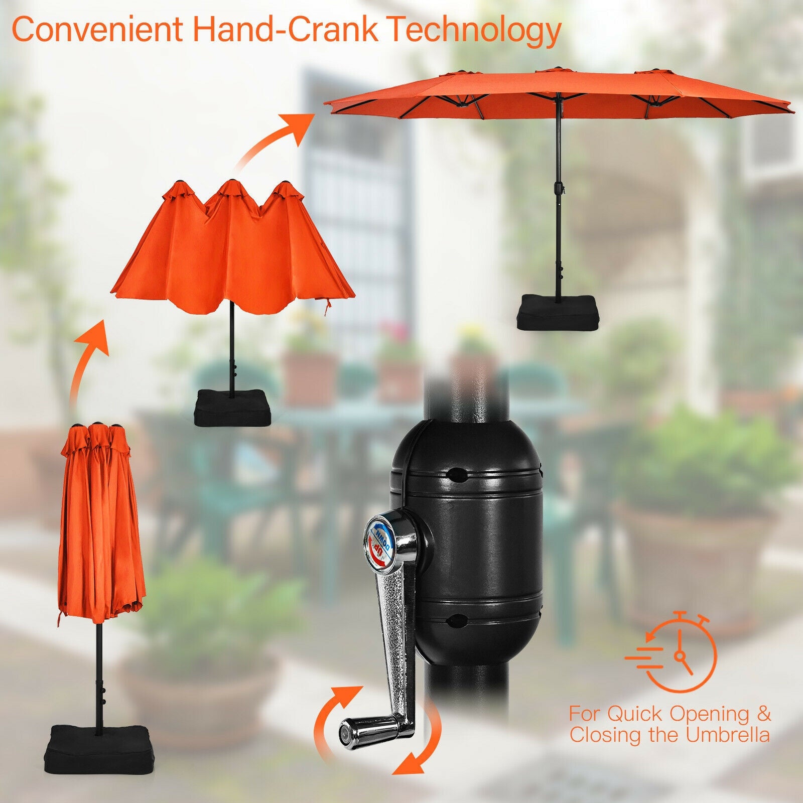 15 Feet Double-Sided Twin Patio Umbrella with Crank and Base Coffee in Outdoor Market-Orange 