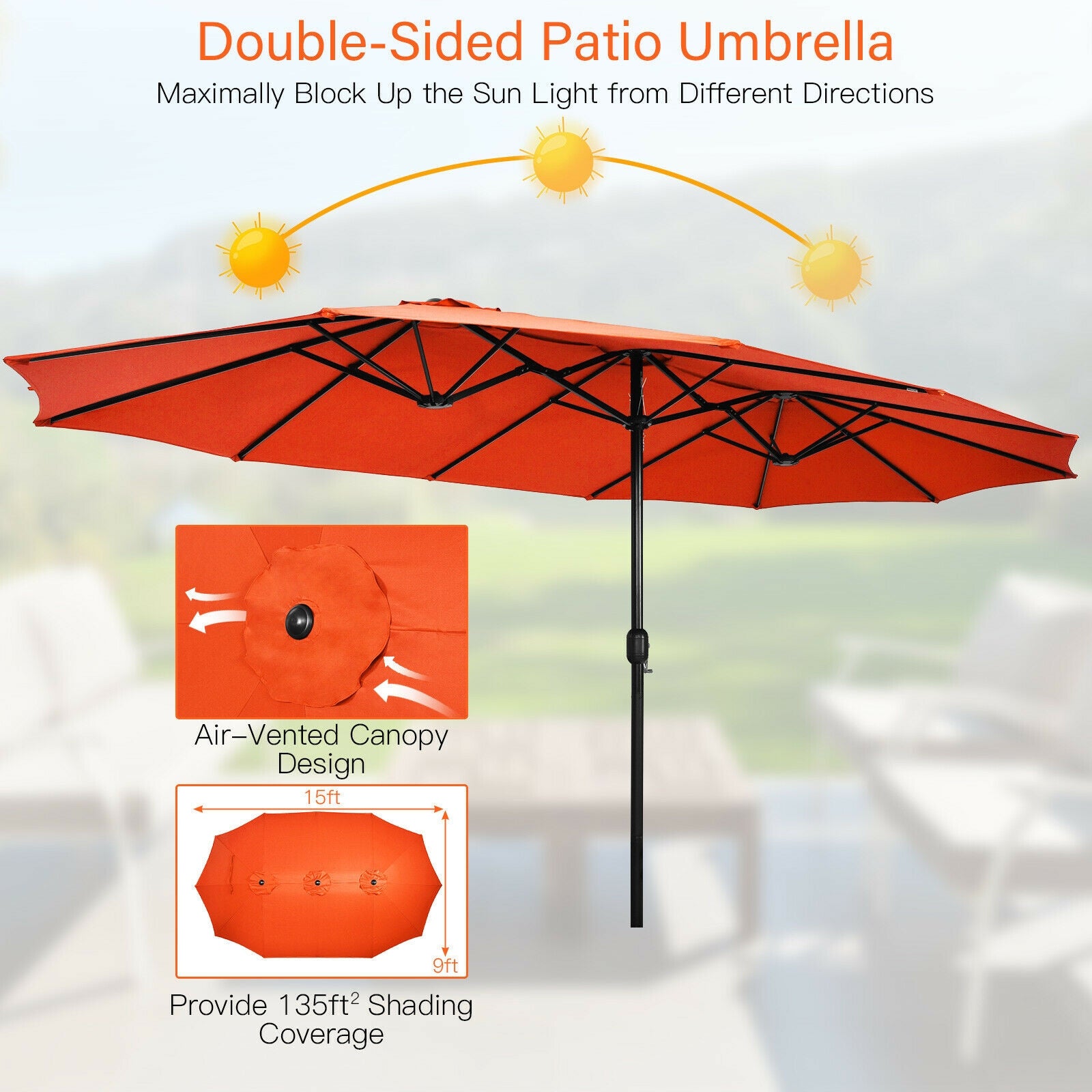 15 Feet Double-Sided Twin Patio Umbrella with Crank and Base Coffee in Outdoor Market-Orange 