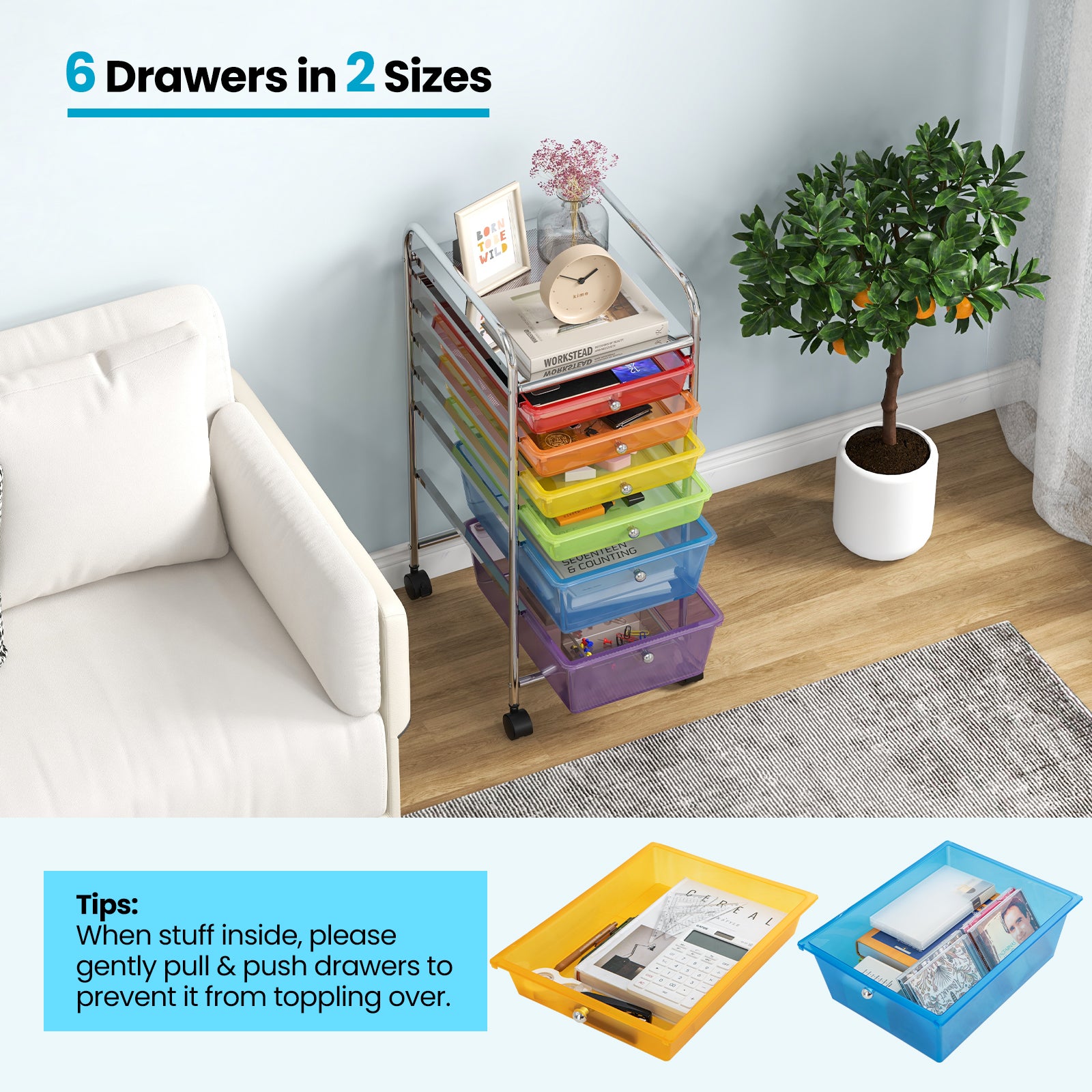 6 Drawers Rolling Storage Cart Organizer-Transparent Multicolor