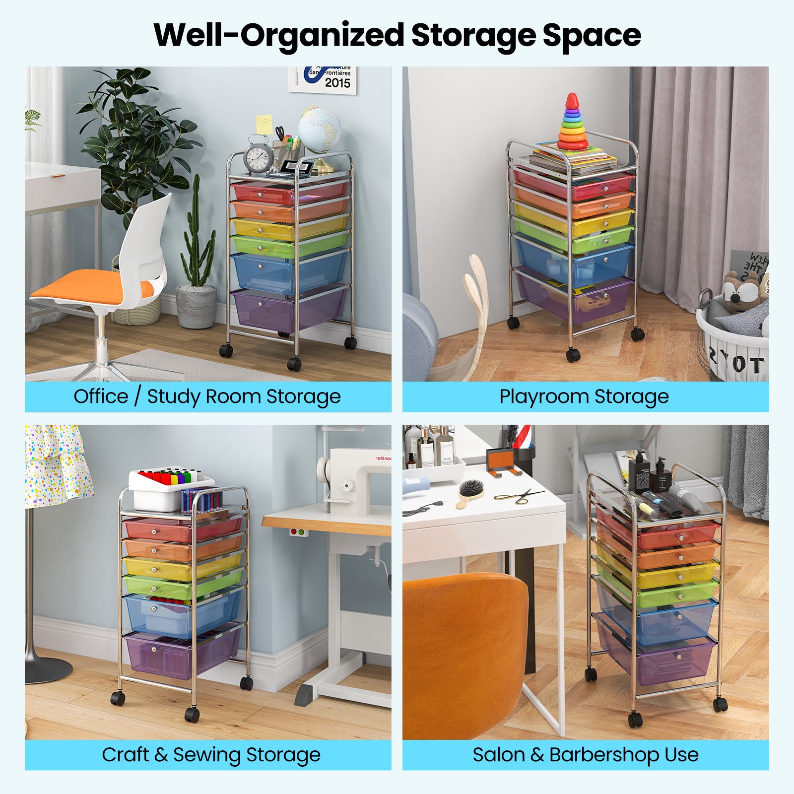 6 Drawers Rolling Storage Cart Organizer-Transparent Multicolor