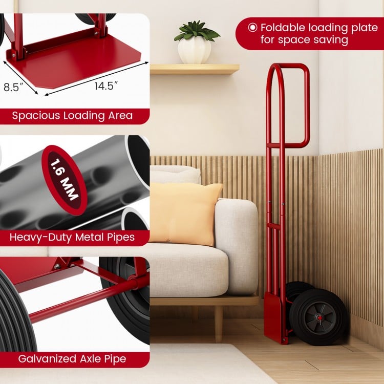 P-Handle Sack Truck with 10 Inch Wheels and Foldable Load Area-Red
