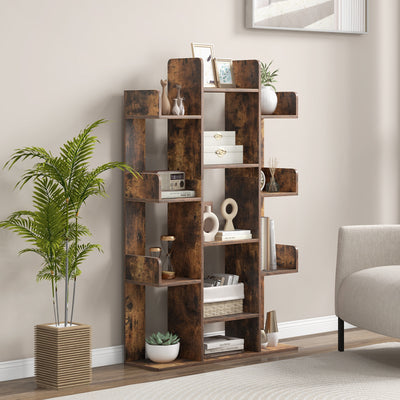 Tree-Shaped Bookshelf with 13 Compartments for Home Office-Rustic Brown 