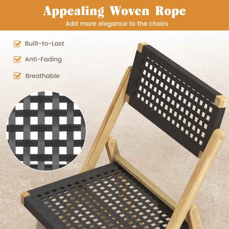 Set of 2 Folding Chairs Indonesia Teak Wood Dining Chairs with Woven Rope Seat and Back