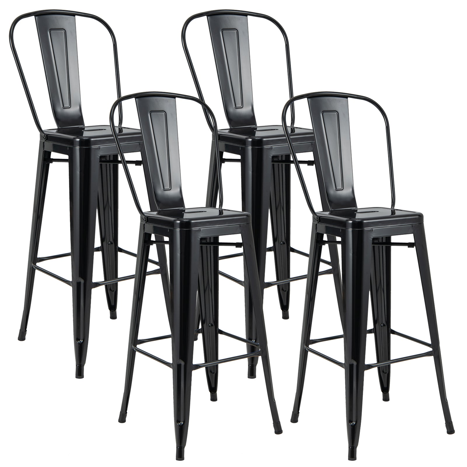 30" Height Set of 4 High Back Metal Industrial Bar Stools-Black