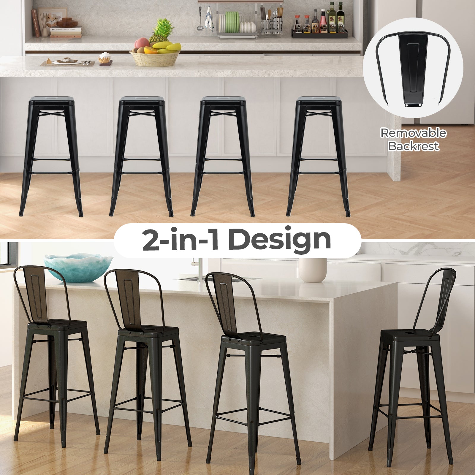 30" Height Set of 4 High Back Metal Industrial Bar Stools-Black