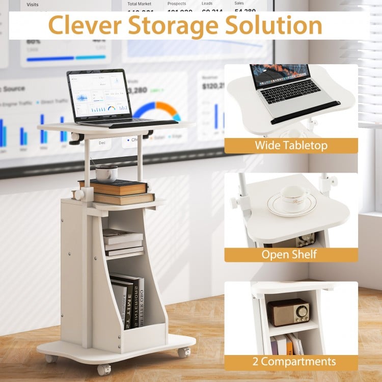 Mobile Podium Stand Height Adjustable Laptop Cart with Tilting Tabletop and Storage Compartments-White