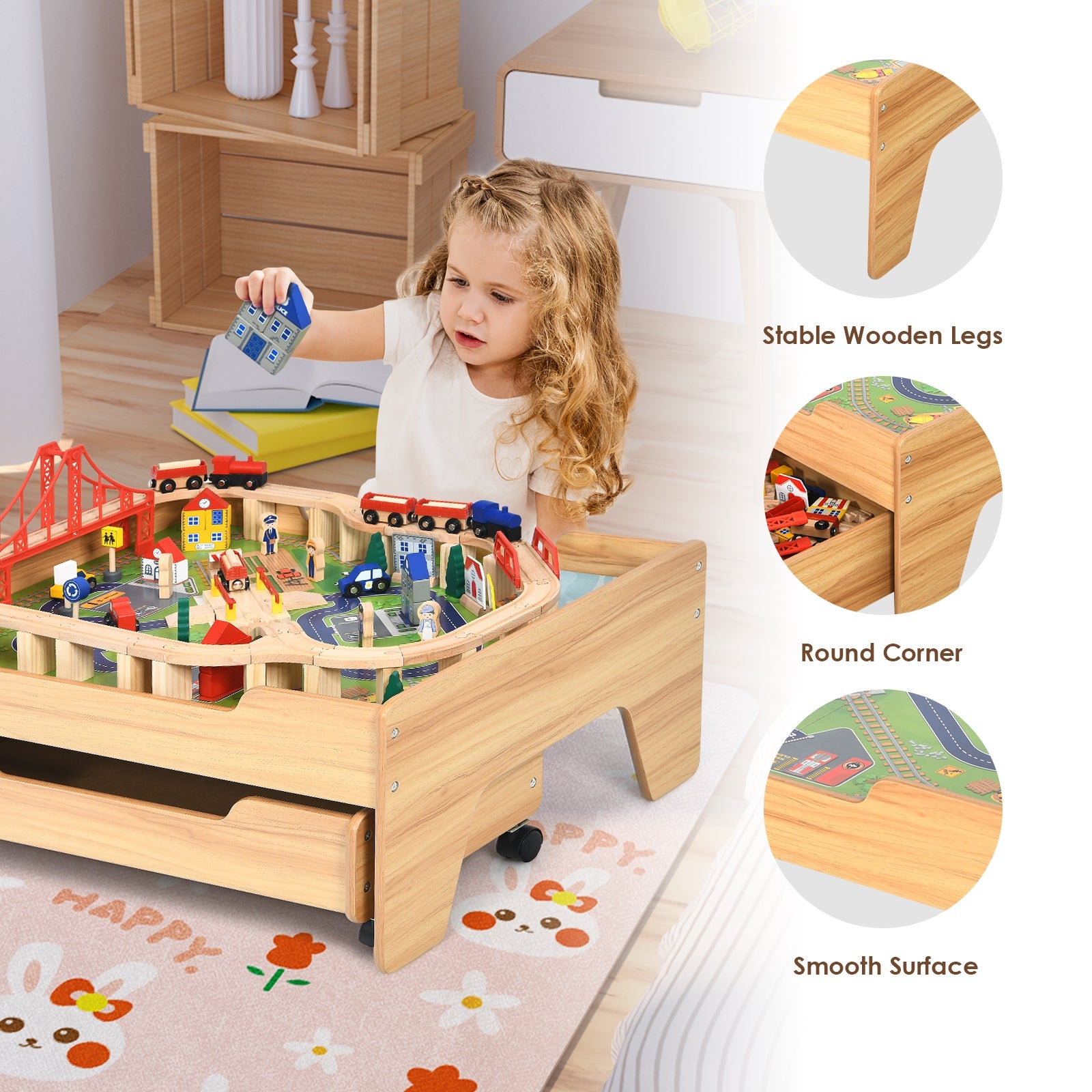 Children's Wooden Railway Set Table with 100 Pieces Storage Drawers