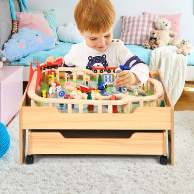 Children's Wooden Railway Set Table with 100 Pieces Storage Drawers 