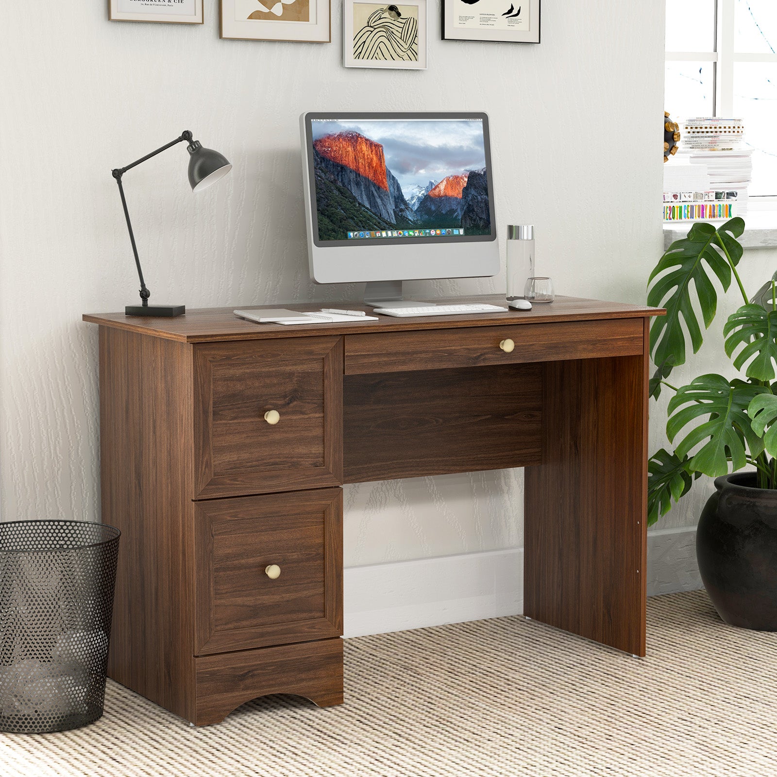 Wooden Vintage Computer Desk with 3 Drawers for Home and Office-Walnut