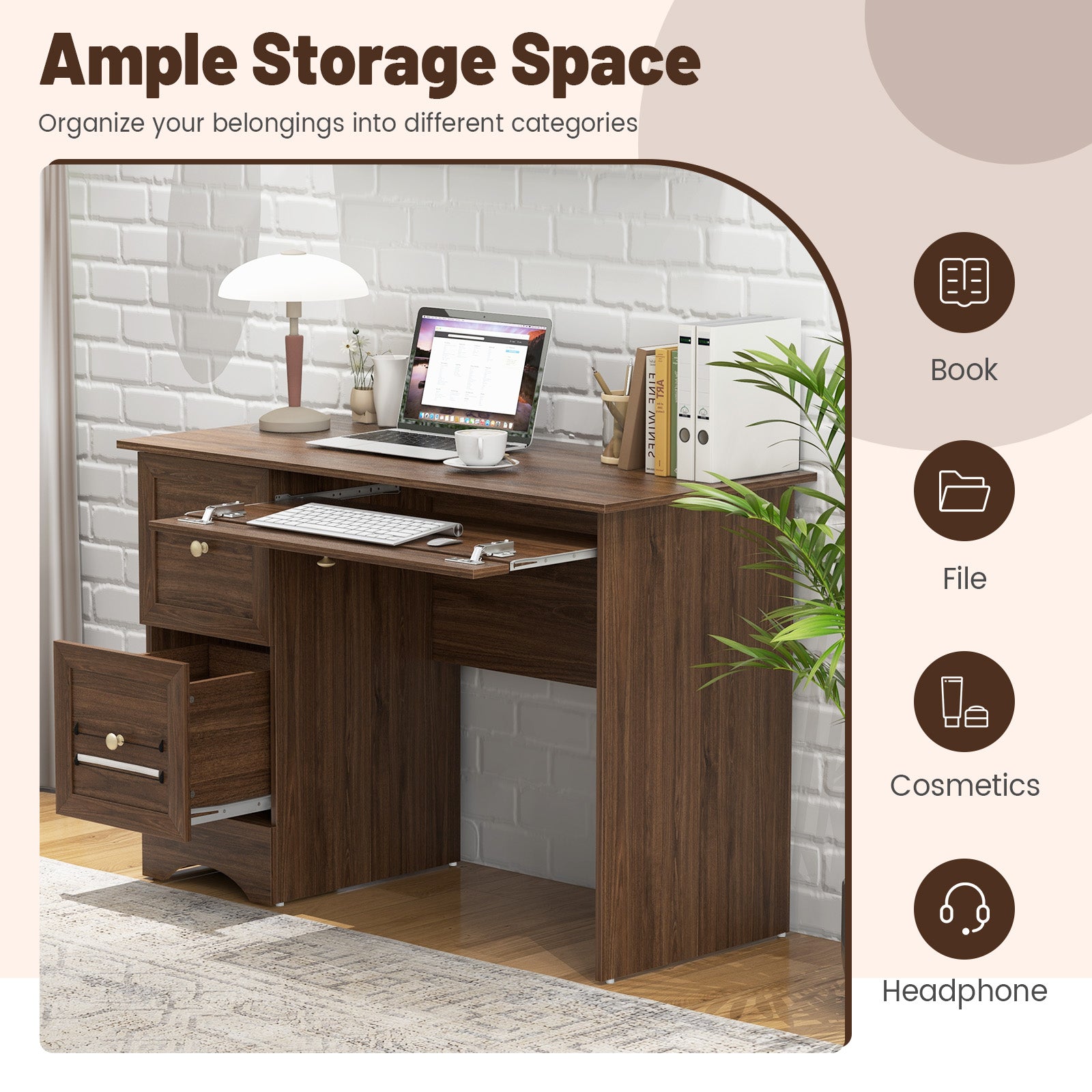 Wooden Vintage Computer Desk with 3 Drawers for Home and Office-Walnut 