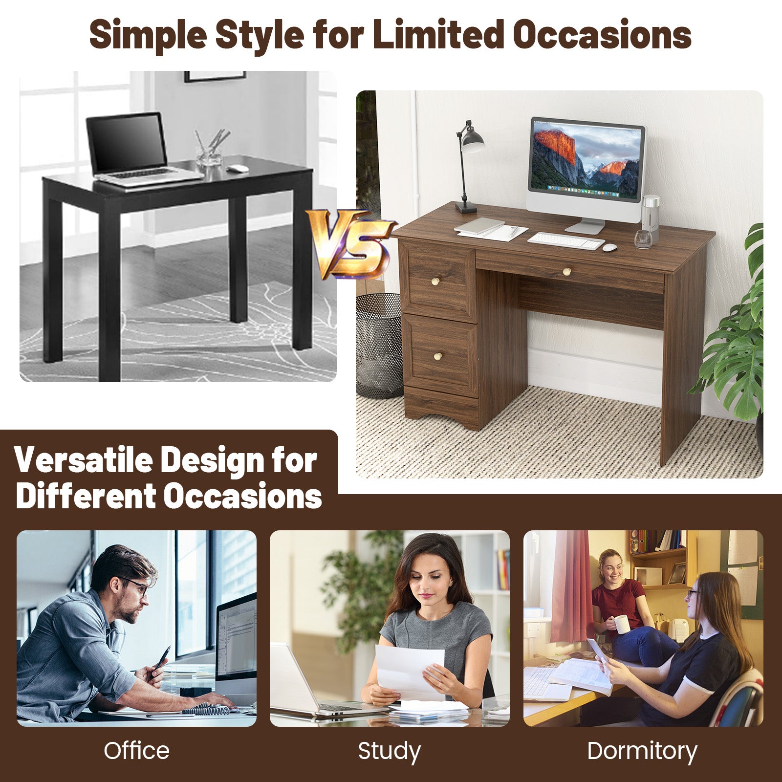 Wooden Vintage Computer Desk with 3 Drawers for Home and Office-Walnut 