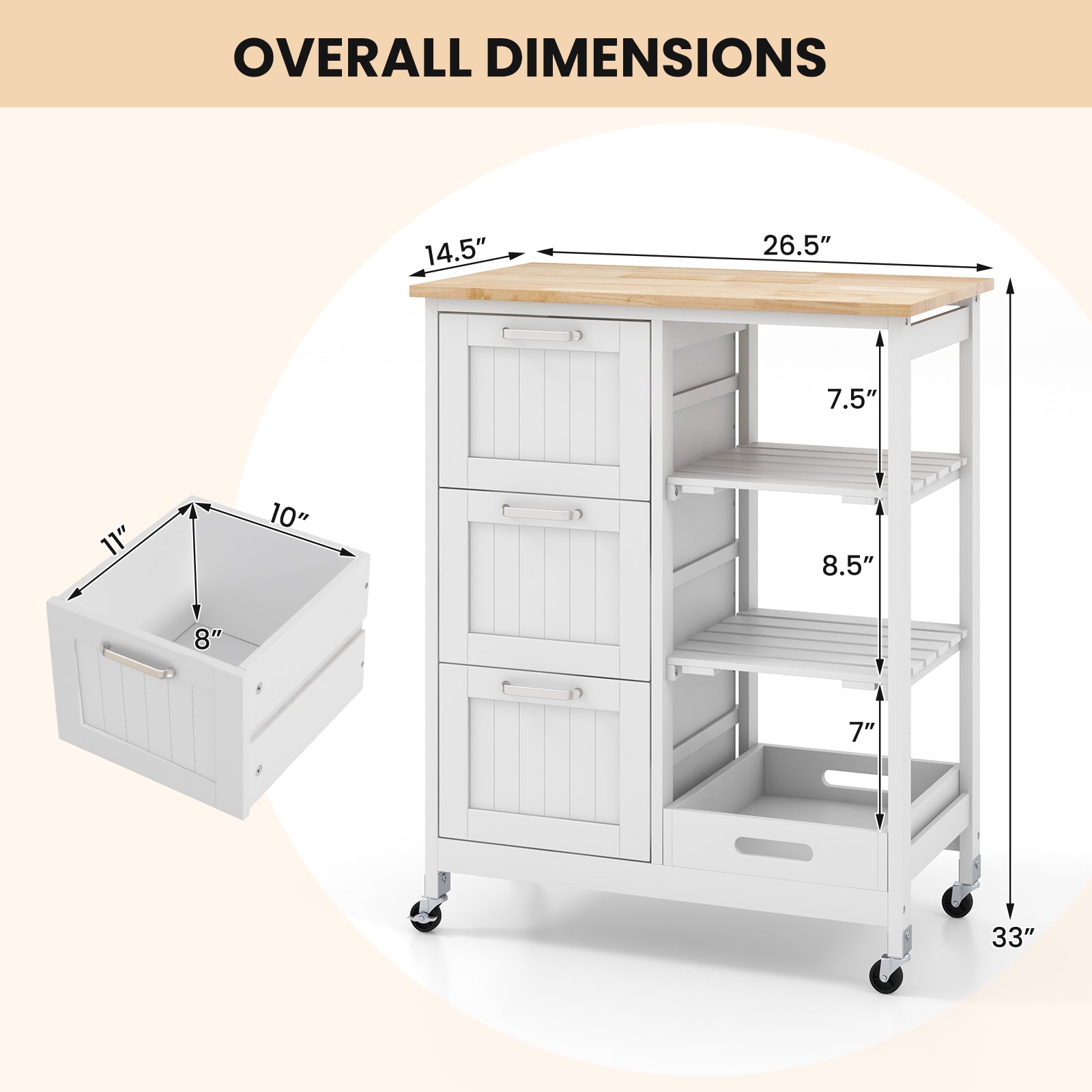 Rolling Kitchen Island Utility Storage Cart-White