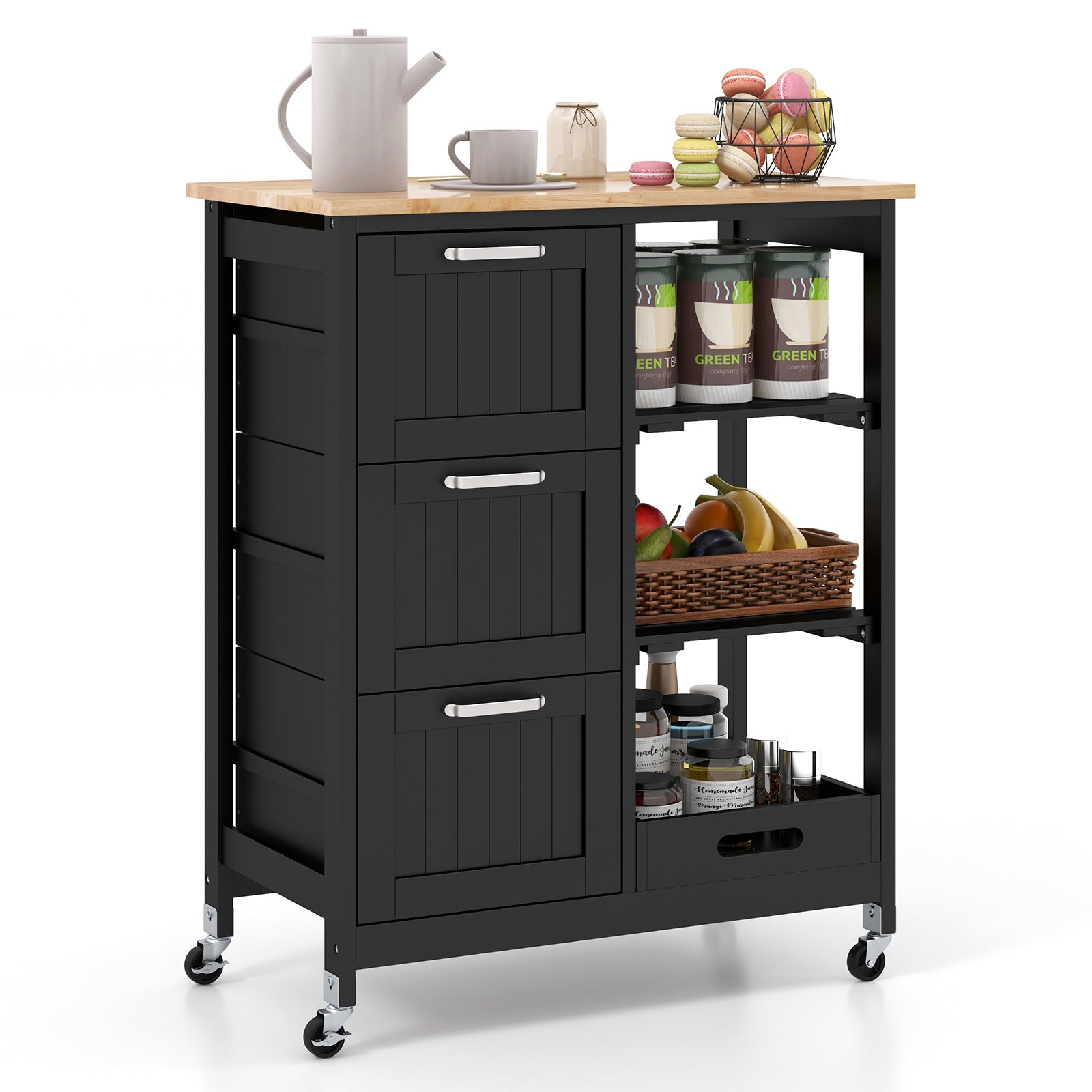 Rolling Kitchen Island Utility Storage Cart with 3 Large Drawers-Black