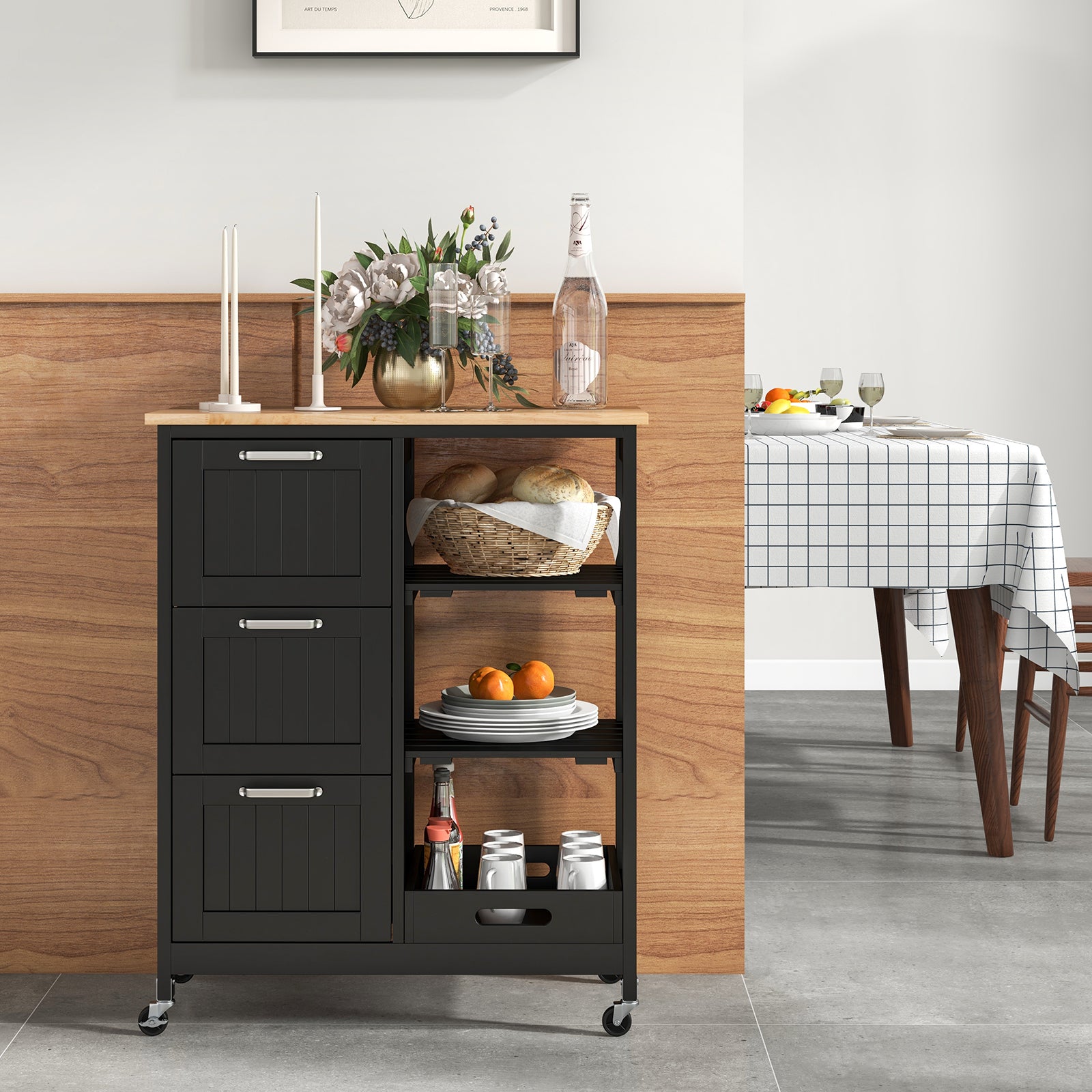 Rolling Kitchen Island Utility Storage Cart with 3 Large Drawers-Black