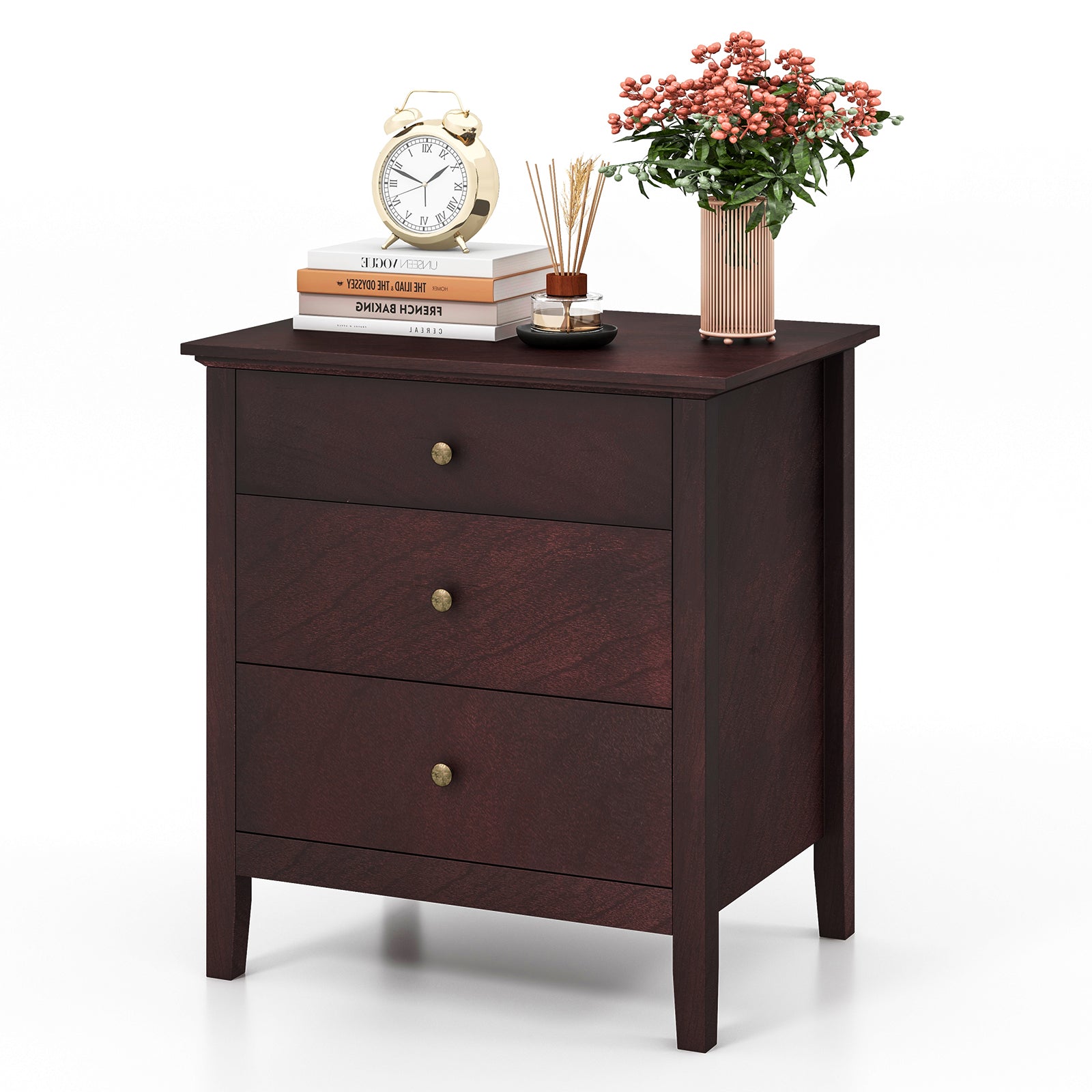 Nightstand Beside End Side Table Organizer with 3 Drawers-Brown