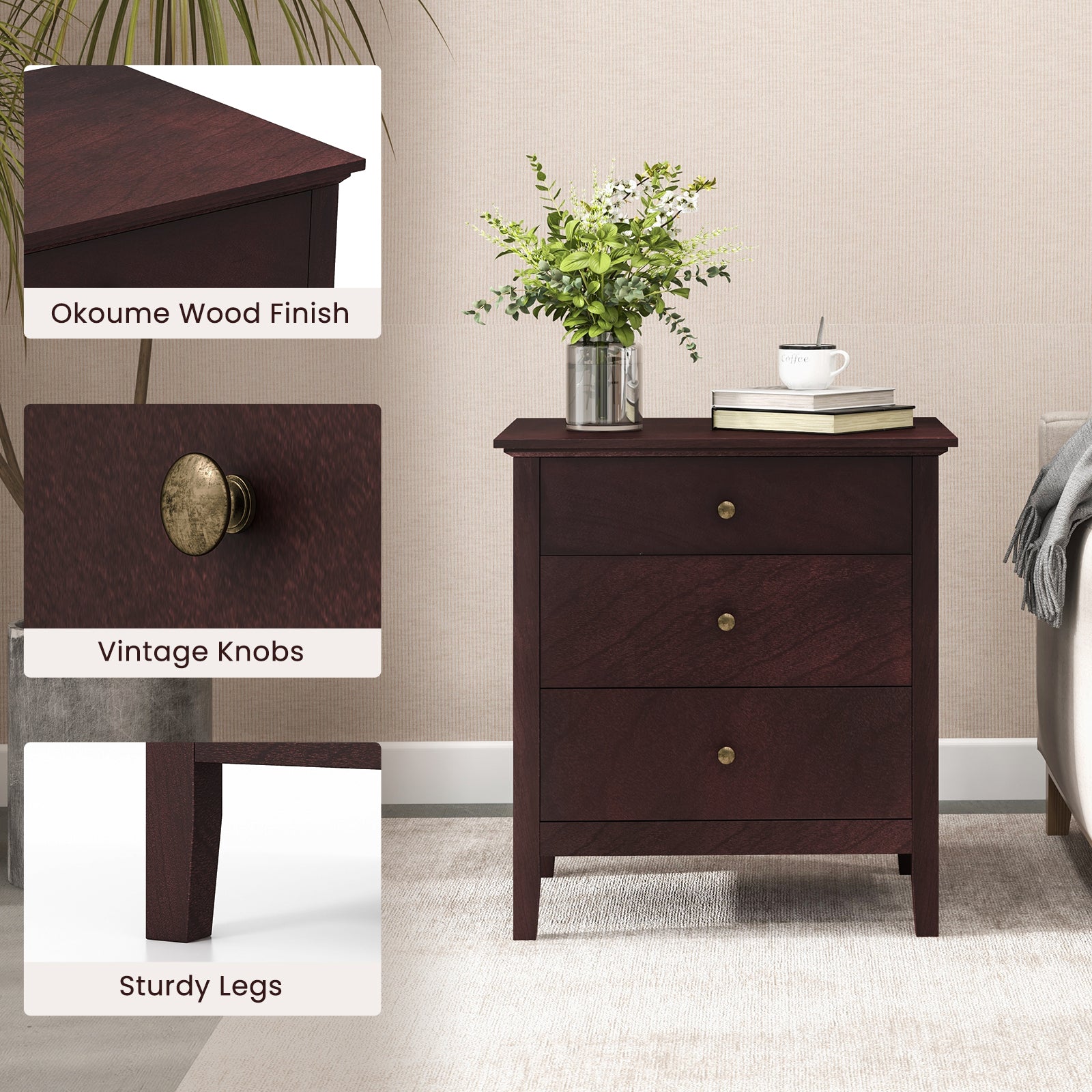 Nightstand Beside End Side Table Organizer with 3 Drawers-Brown