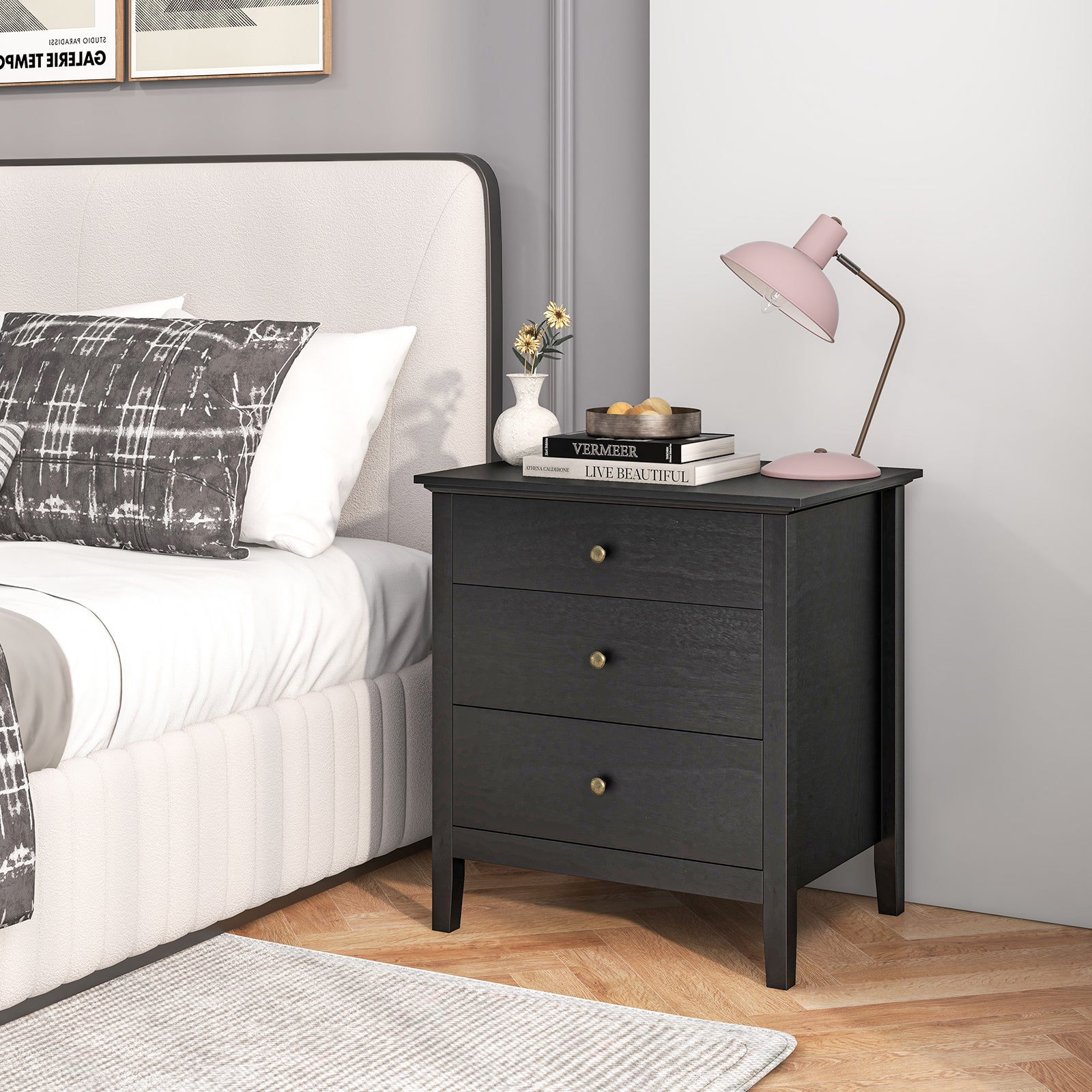 Nightstand Beside End Side Table Organizer with 3 Drawers-BlackÂ 
