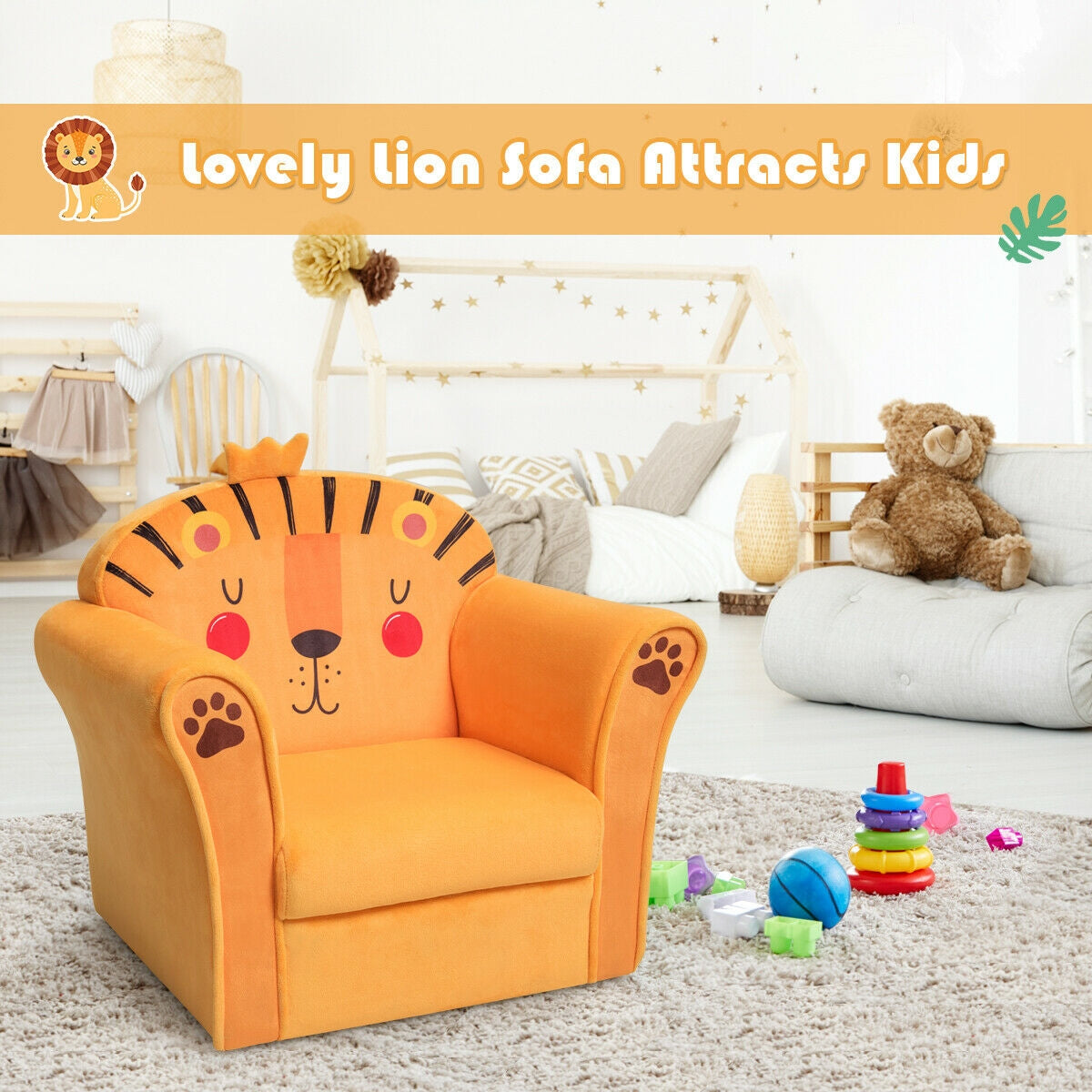 Kids Armrest Lion Upholstered Sofa