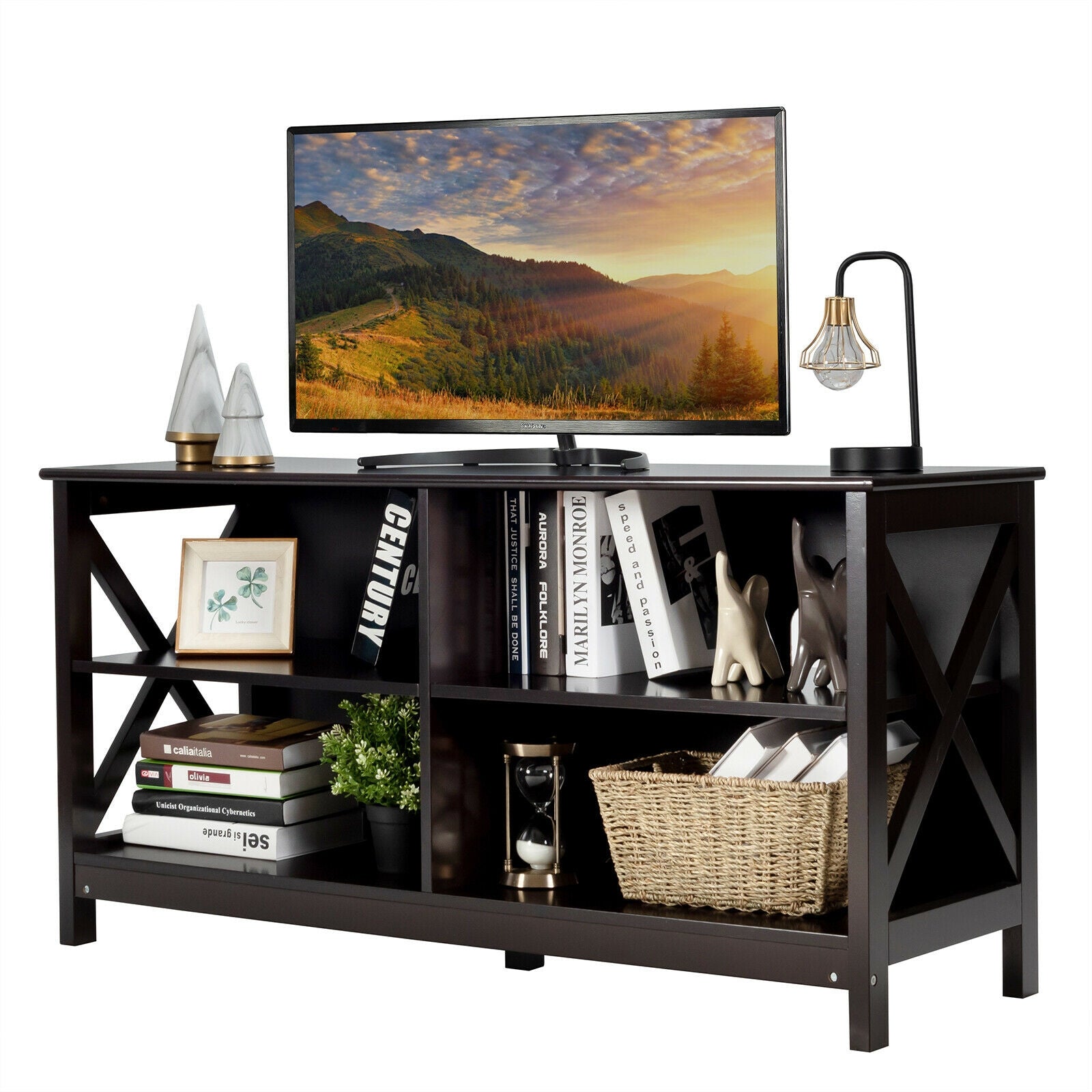 Wooden TV Stand Entertainment Media Center-Brown