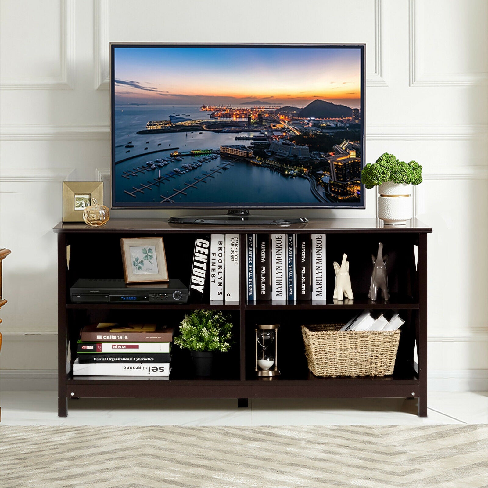 Wooden TV Stand Entertainment Media Center-Brown