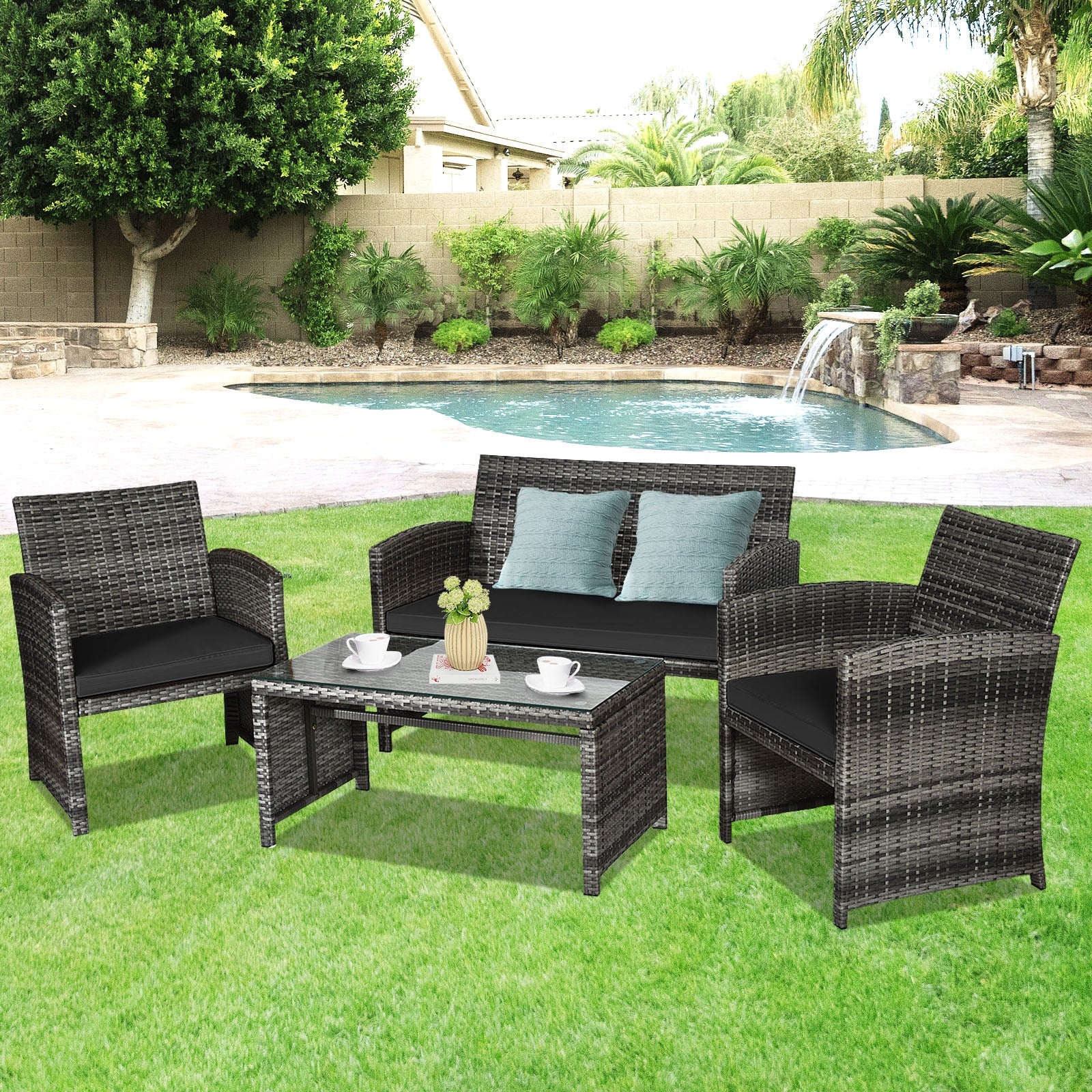 4 Pieces Patio Rattan Furniture Set with Glass Table and Loveseat-Black 