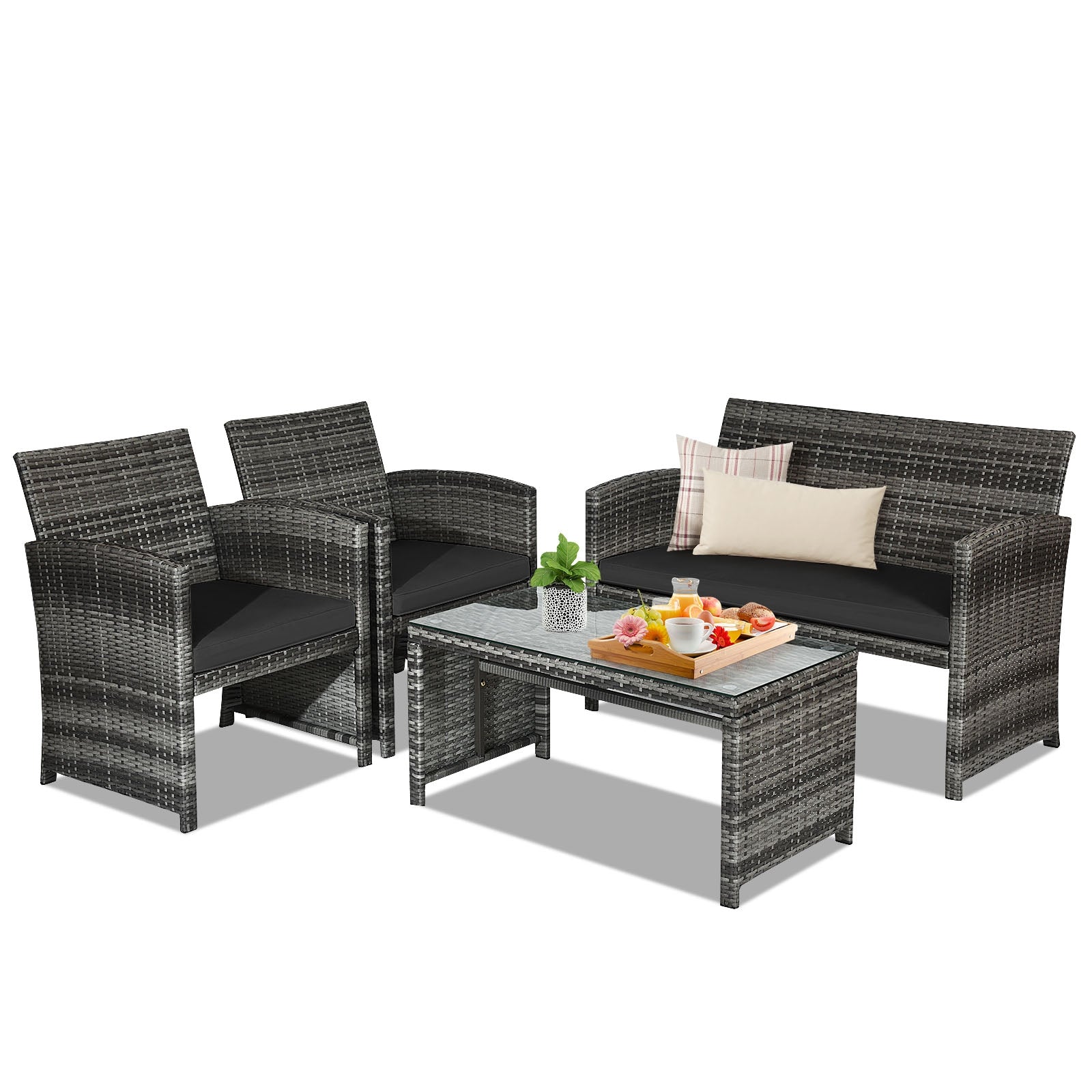 4 Pieces Patio Rattan Furniture Set with Glass Table and Loveseat-Black 