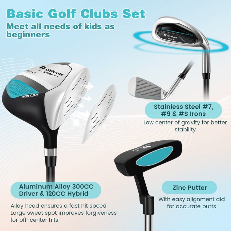 Junior Complete Golf Club Set with Stand Bag Rain Hood-Blue