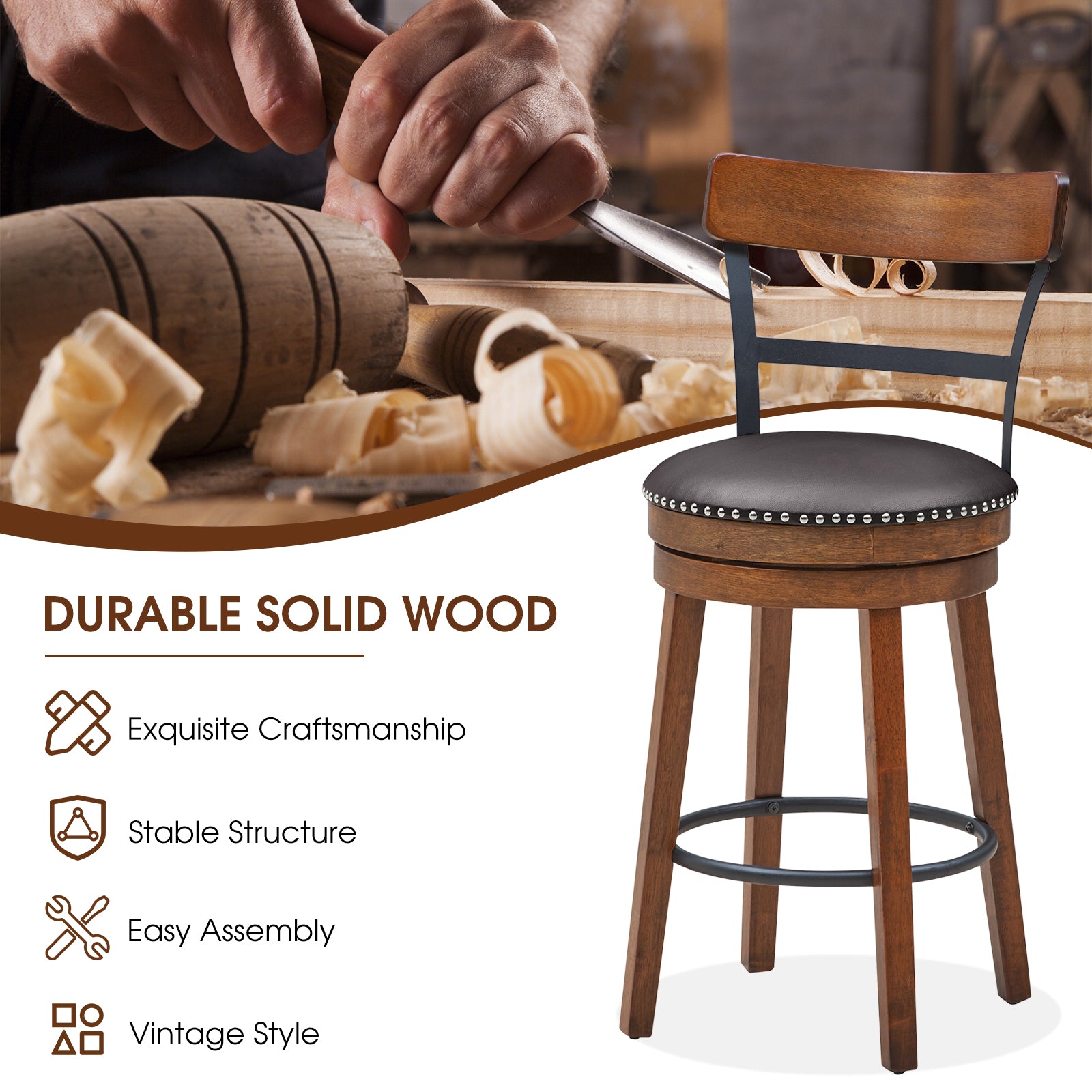 Set of 2 25.5 Inch Swivel Counter Height Bar Stool 