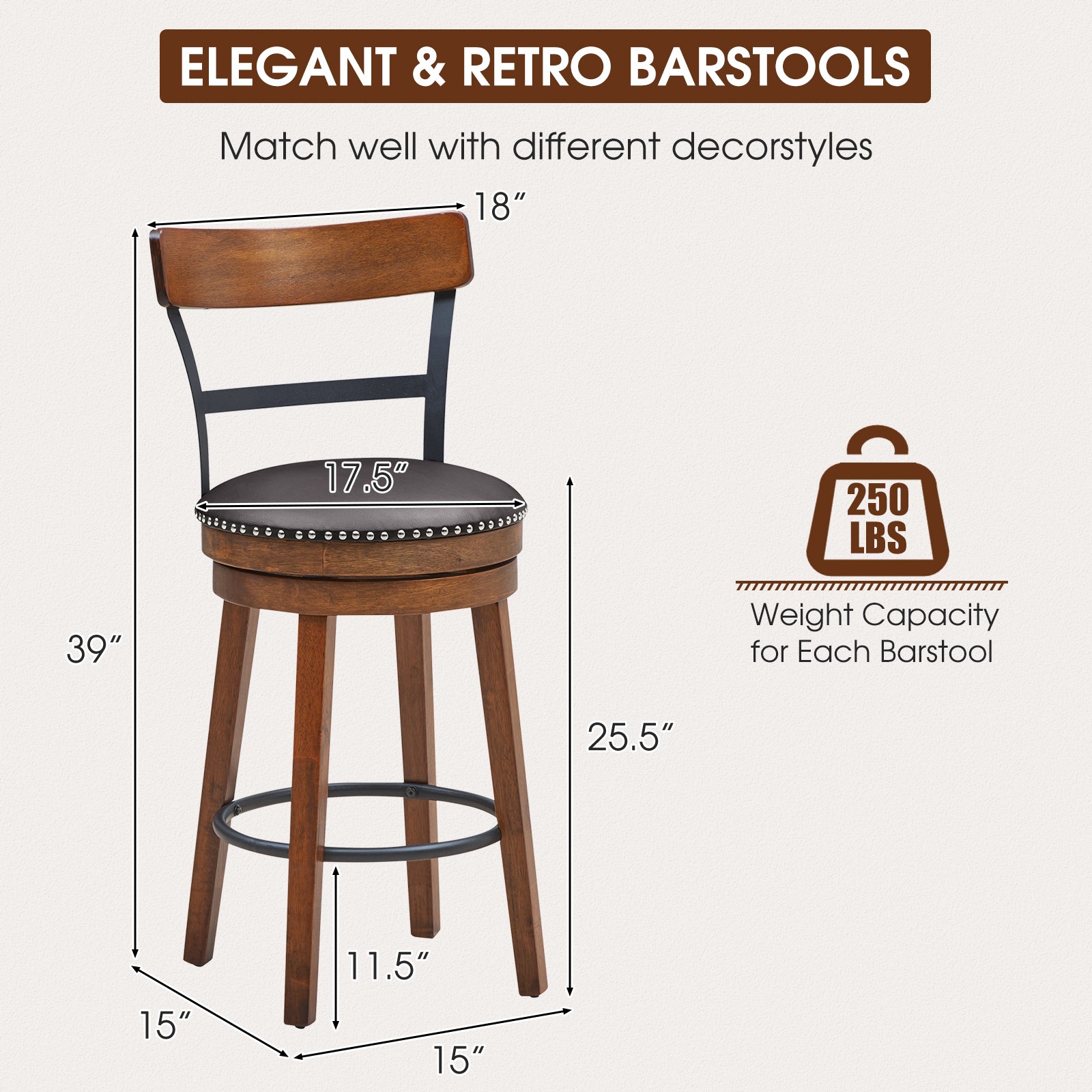 Set of 2 25.5 Inch Swivel Counter Height Bar Stool 
