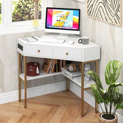 Space Saving Corner Computer Desk with 2 Large Drawers and Storage Shelf-White 