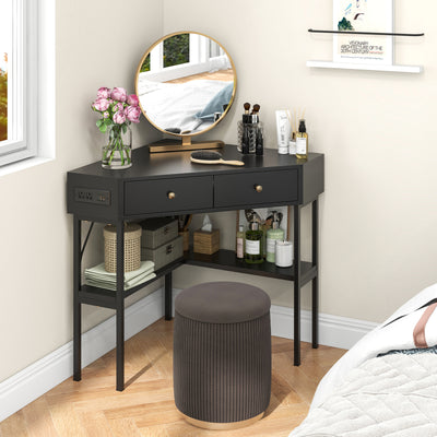 Space Saving Corner Computer Desk with 2 Large Drawers and Storage Shelf-Black 