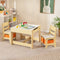 Kids Table Chairs Set With Storage Boxes Blackboard Whiteboard Drawing-Natural