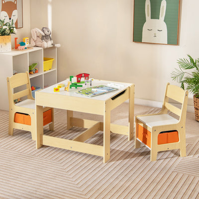 Kids Table Chairs Set With Storage Boxes Blackboard Whiteboard Drawing-NaturalÂ 