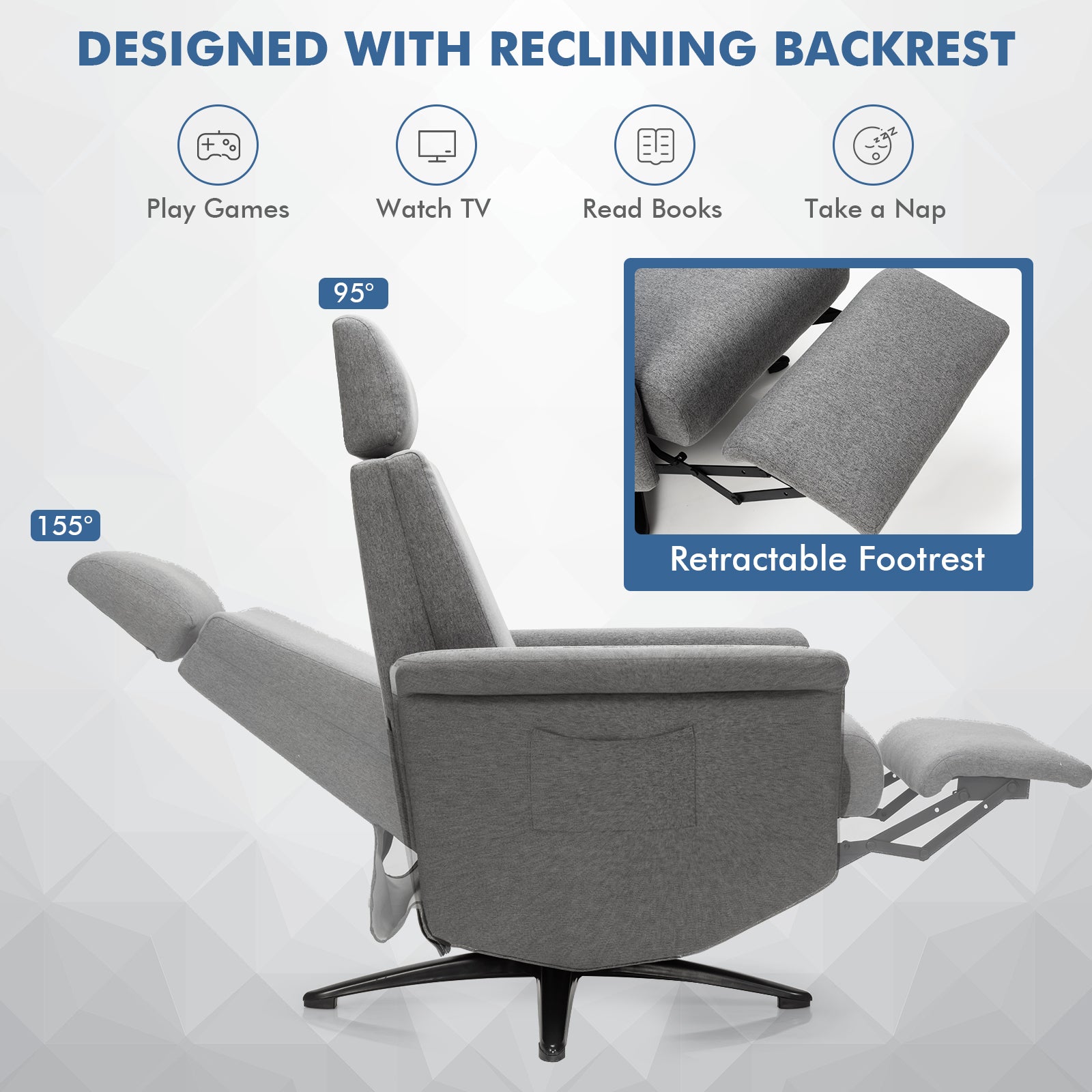 Swivel Massage Recliner Single Sofa with Adjustable Headrest-Gray 
