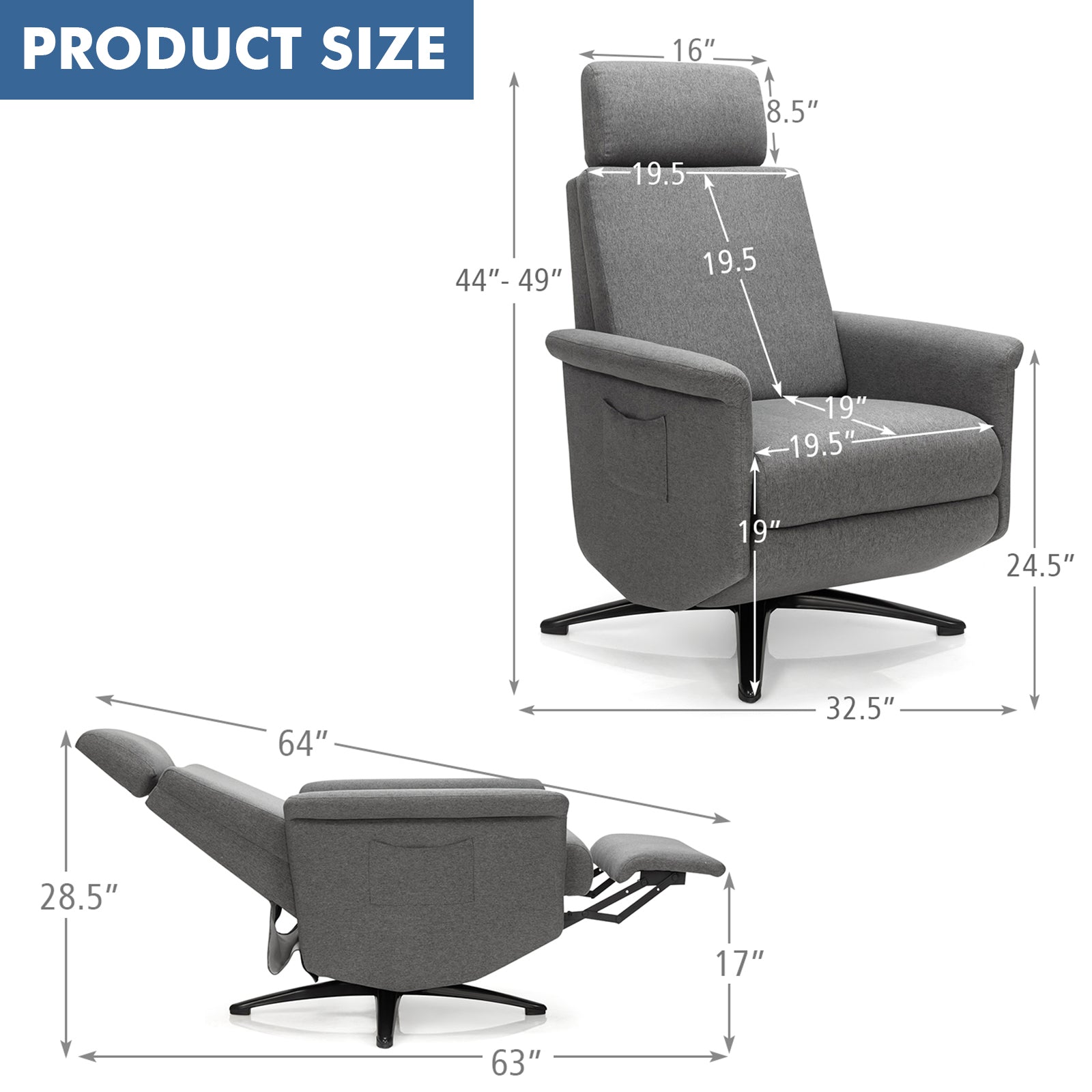 Swivel Massage Recliner Single Sofa with Adjustable Headrest-Gray 