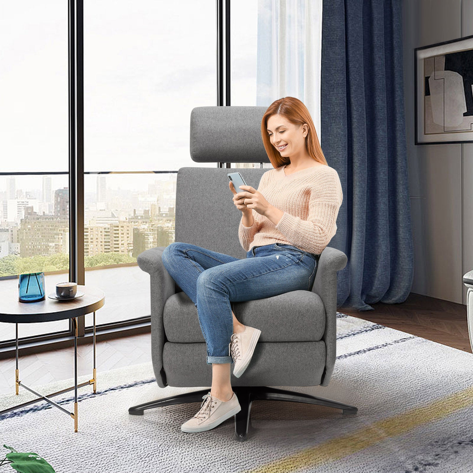 Swivel Massage Recliner Single Sofa with Adjustable Headrest-Gray 