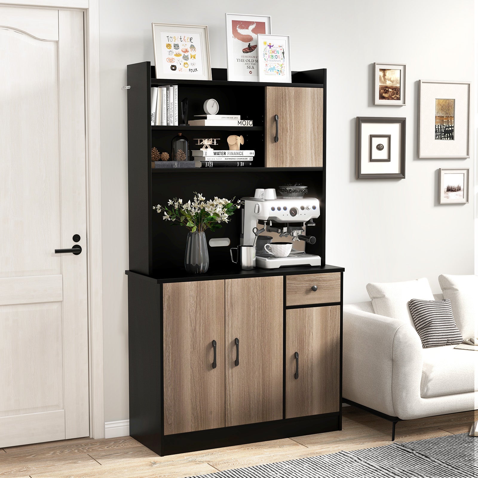 4-Door Freestanding Kitchen Buffet with Hutch and Adjustable Shelves-Black