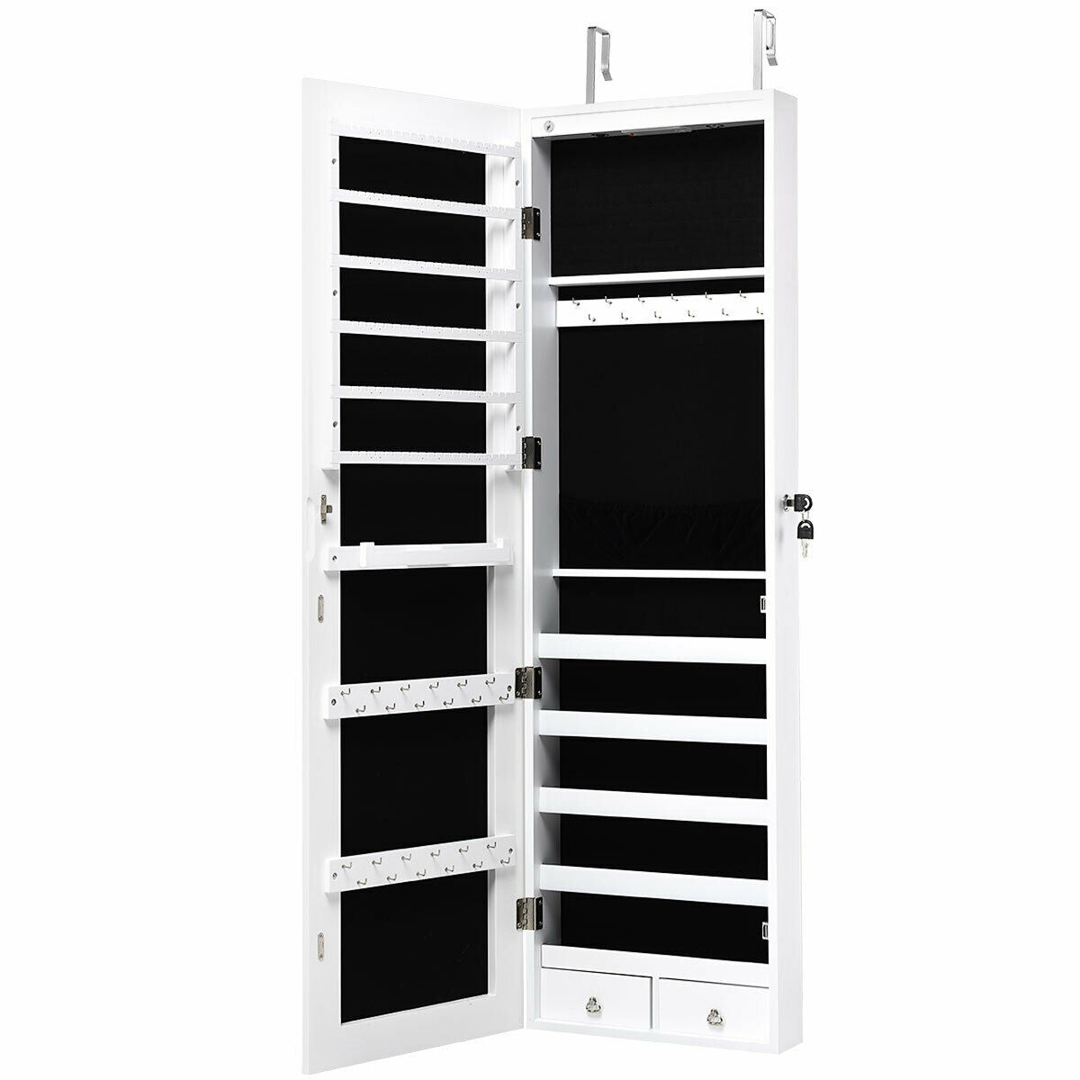 Wall and Door Mounted Mirrored Jewelry Cabinet With Lights-White