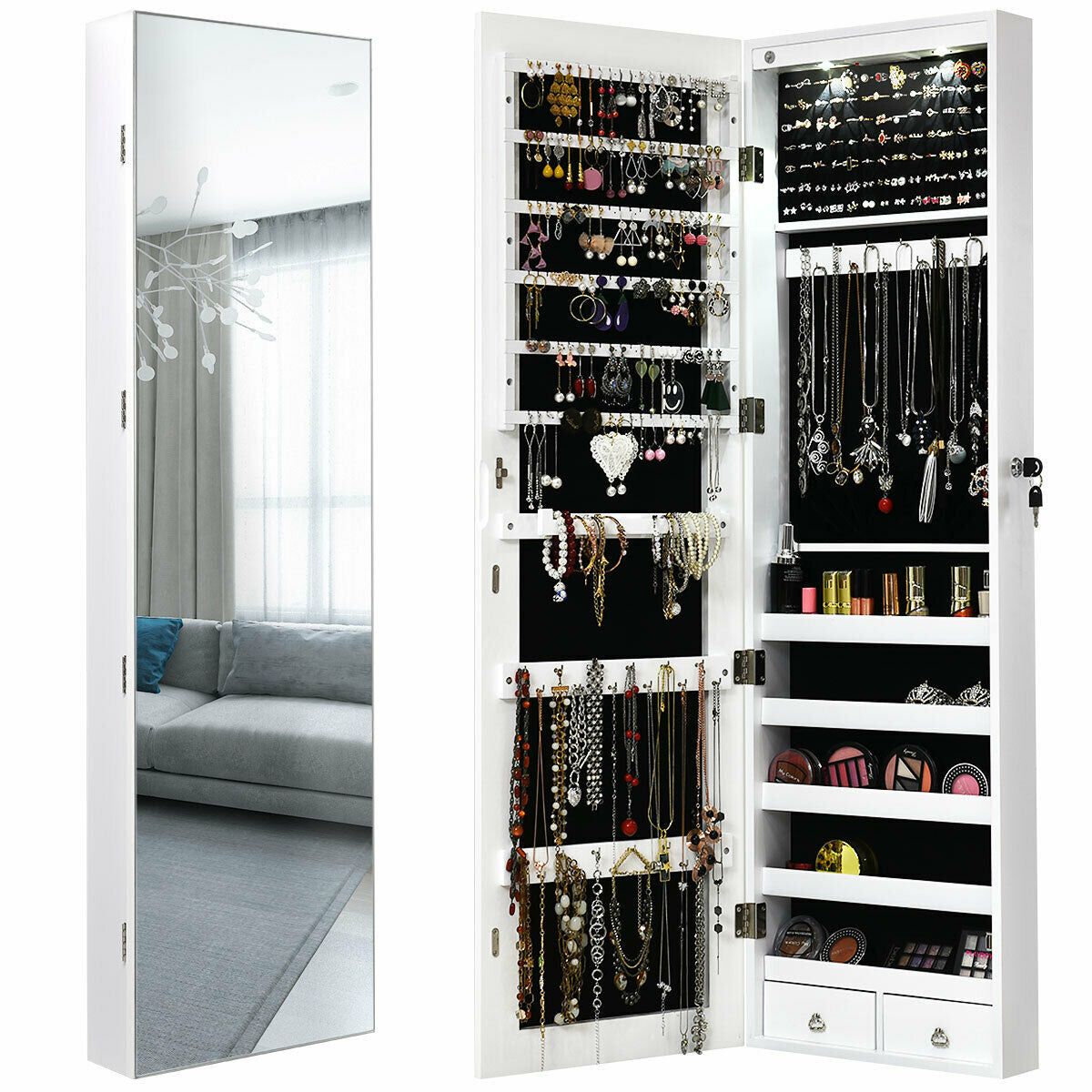 Wall and Door Mounted Mirrored Jewelry Cabinet With Lights-White