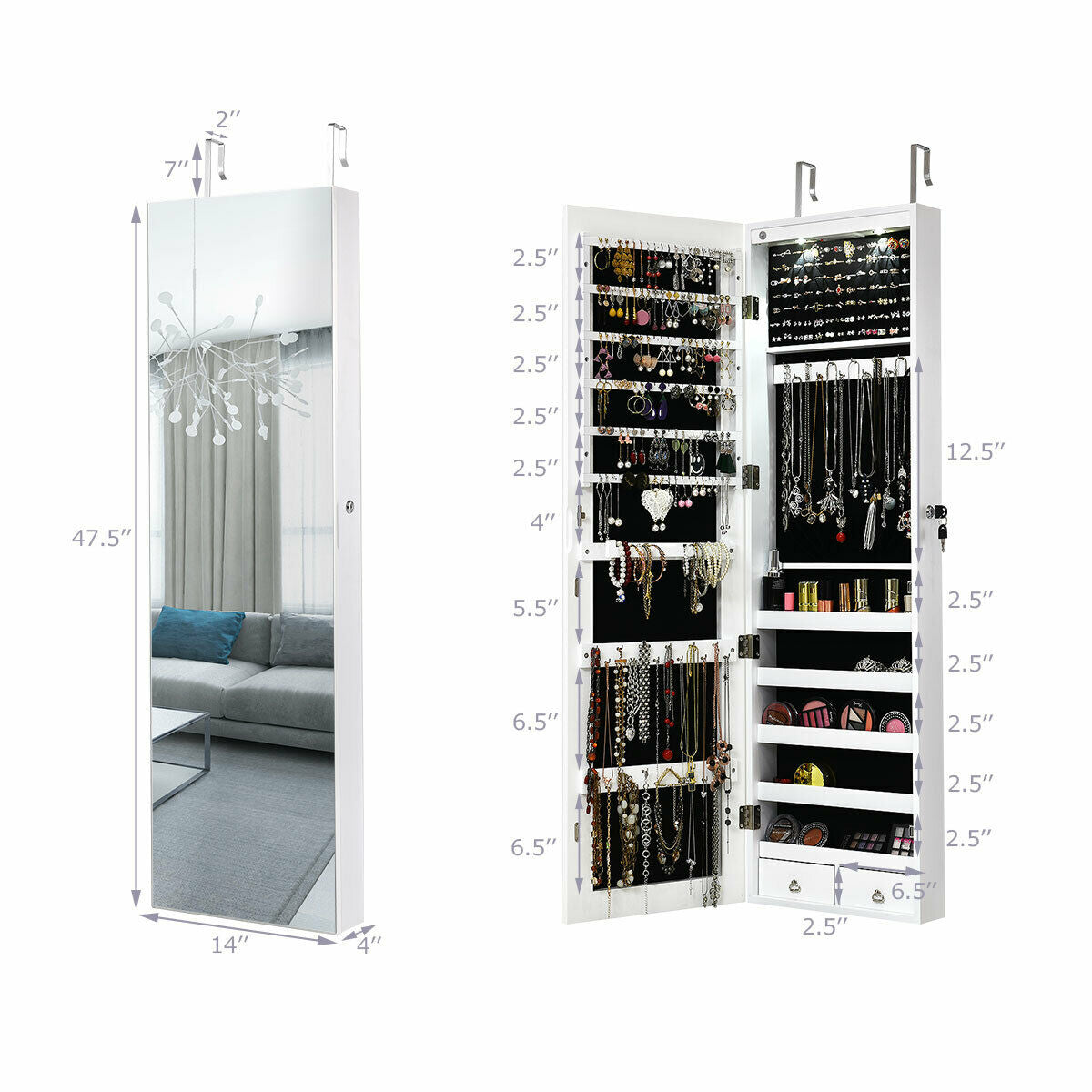 Wall and Door Mounted Mirrored Jewelry Cabinet With Lights-White