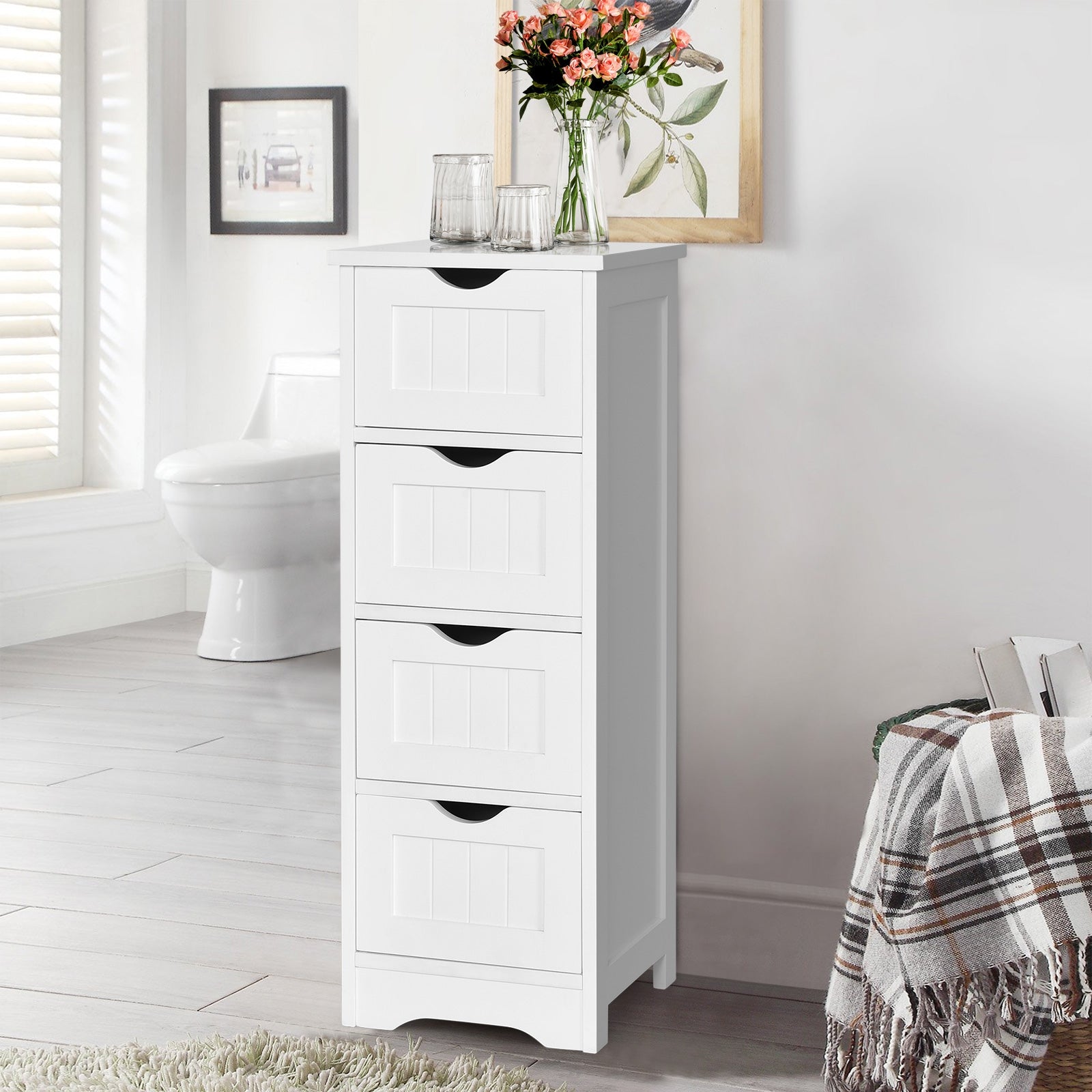 Floor Wooden Free Standing Storage Side Organizer for Bathroom-White