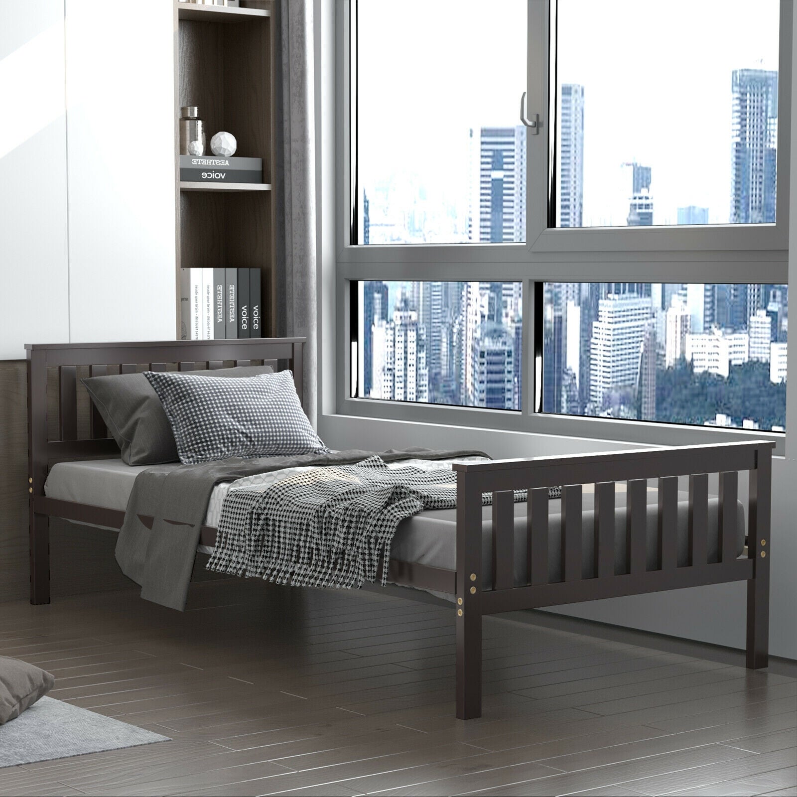 Twin Size Wood Platform Bed with Headboard